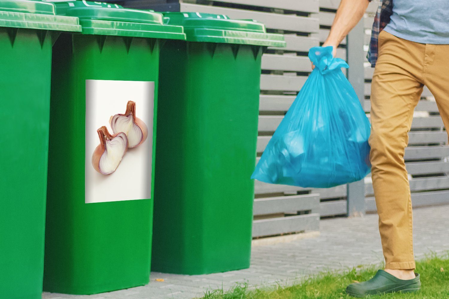 Abfalbehälter Mülltonne, vor Mülleimer-aufkleber, halbe Wandsticker weißem Container, (1 MuchoWow abgebildet Schalotten Hintergrund St), Sticker, Zwei