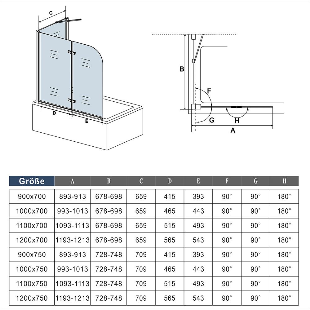 AICA Badewannenaufsatz 2-teilig Faltwand Drehfaltwand Chrom/Schwarz/weiß mit Seitenwand, Einscheibensicherheitsglas, Sicherheitsglas, mit Antikalk-Versiegelung,ebenerdiger Einbau möglich