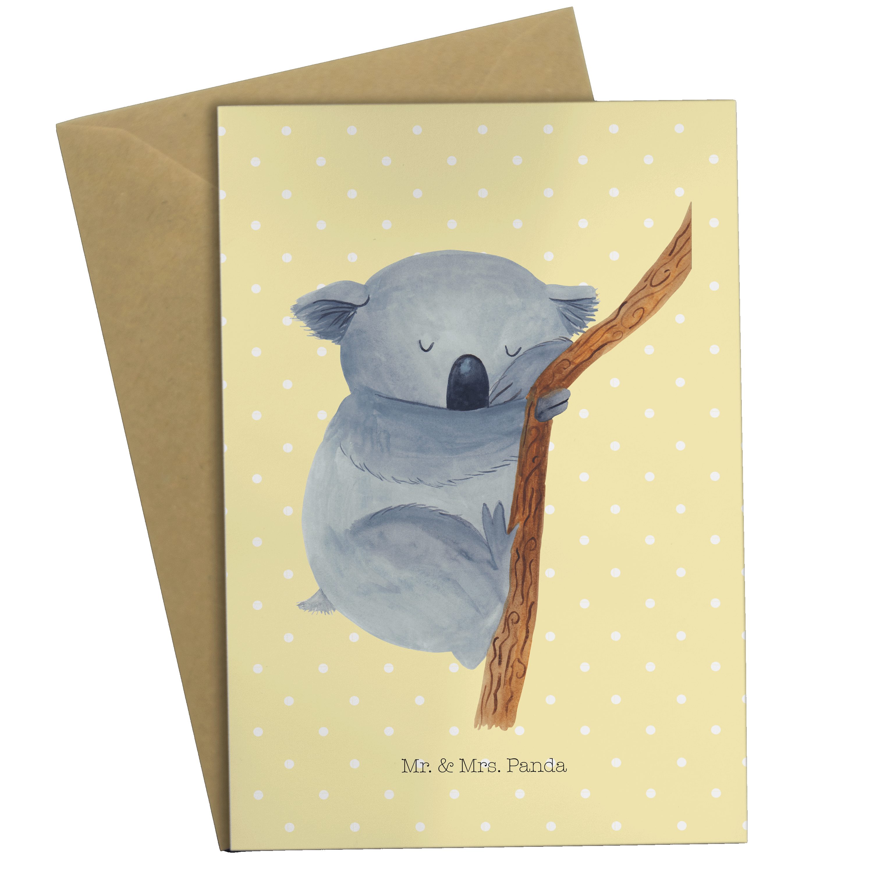 Mr. & Mrs. Panda - schlafen, Gelb Geburtstagskarte Pastell Geschenk, - Koalabär Grußkarte Tiere