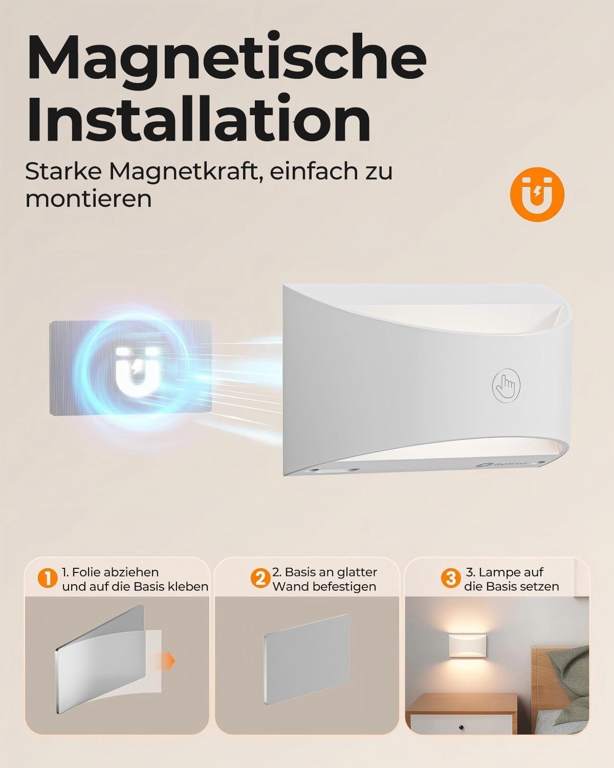 Futicare LED Wandleuchte für Innen, LED Wandleuchte kabellos magnetisch, 3 Farben dimmbar, (3000K, 4000K, 6000K),LED-Leuchtmittel fest verbaut, Akku-Lampe mit F – Bild 2 von 5