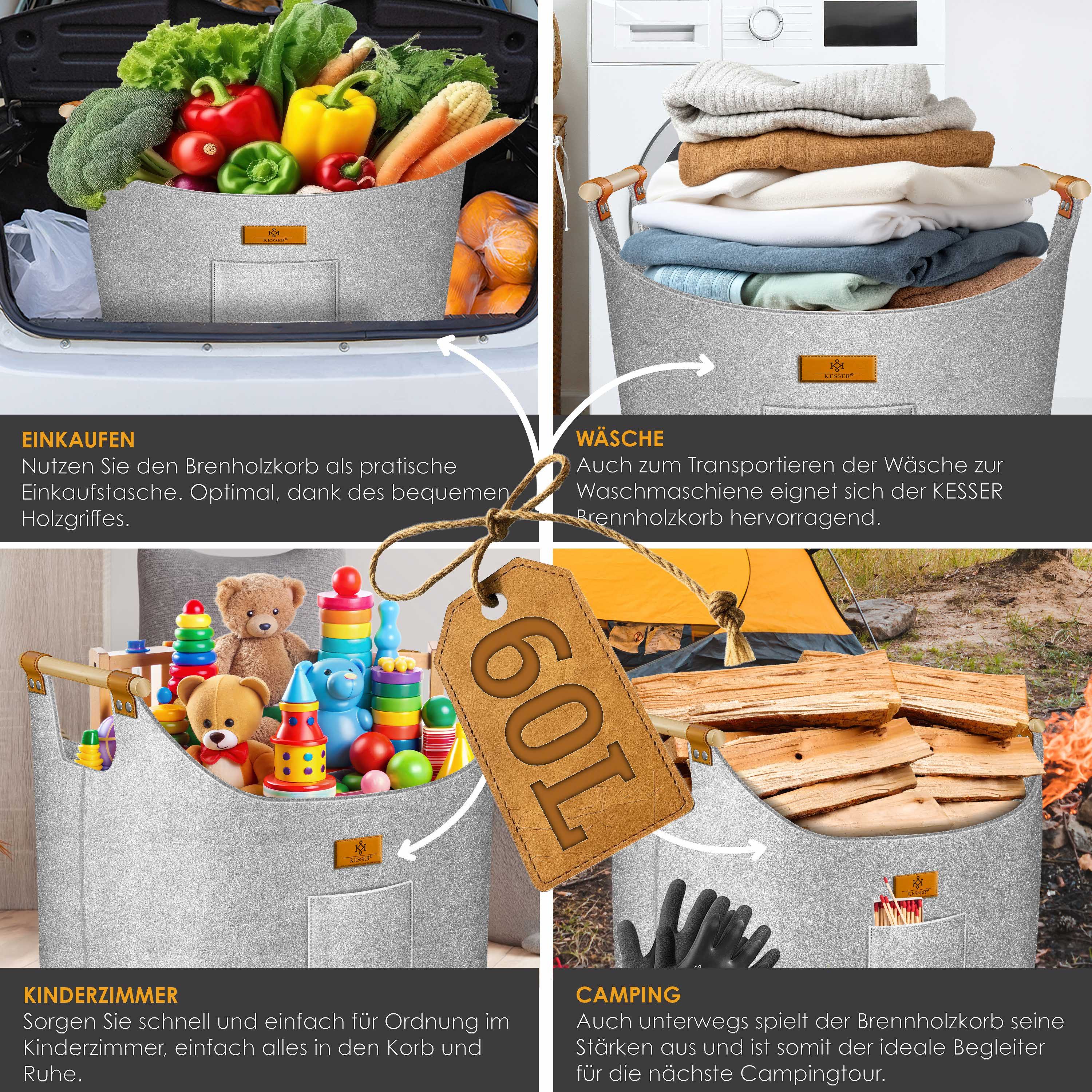 KESSER Kaminholzkorb XL – 60/90 L Volumen, rutschfeste Holzgriffe, Vielseitig nutzbar als Kaminkorb, Einkaufs-, oder Wäschekorb, 700 g/m² – Bild 4 von 5