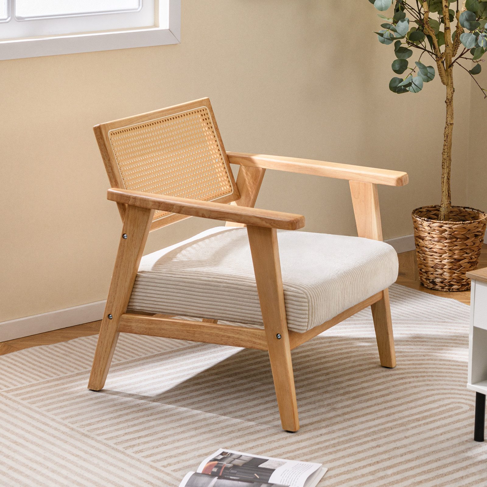 COSTWAY Relaxsessel, mit Rattan-Rückenlehne&Kissen, gepolstert, Holz günstig online kaufen
