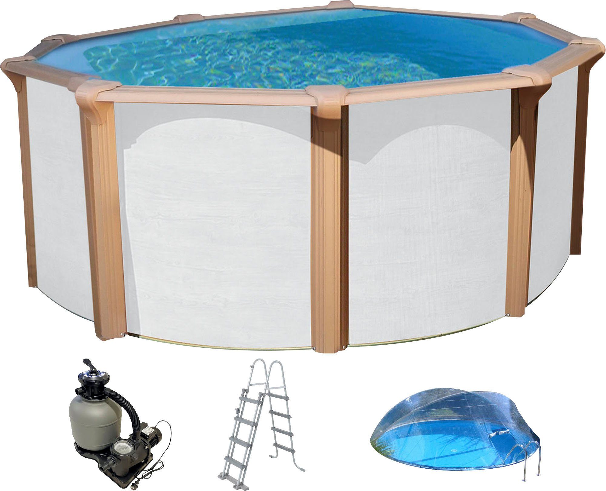 KWAD Rundpool Timber CABRIO DOME inkl. Abdeckung zur Reduzierung des Pflegeaufwandes (Set, 5-tlg), 5-tlg., Höhe: 132cm, blaue Innenfolie