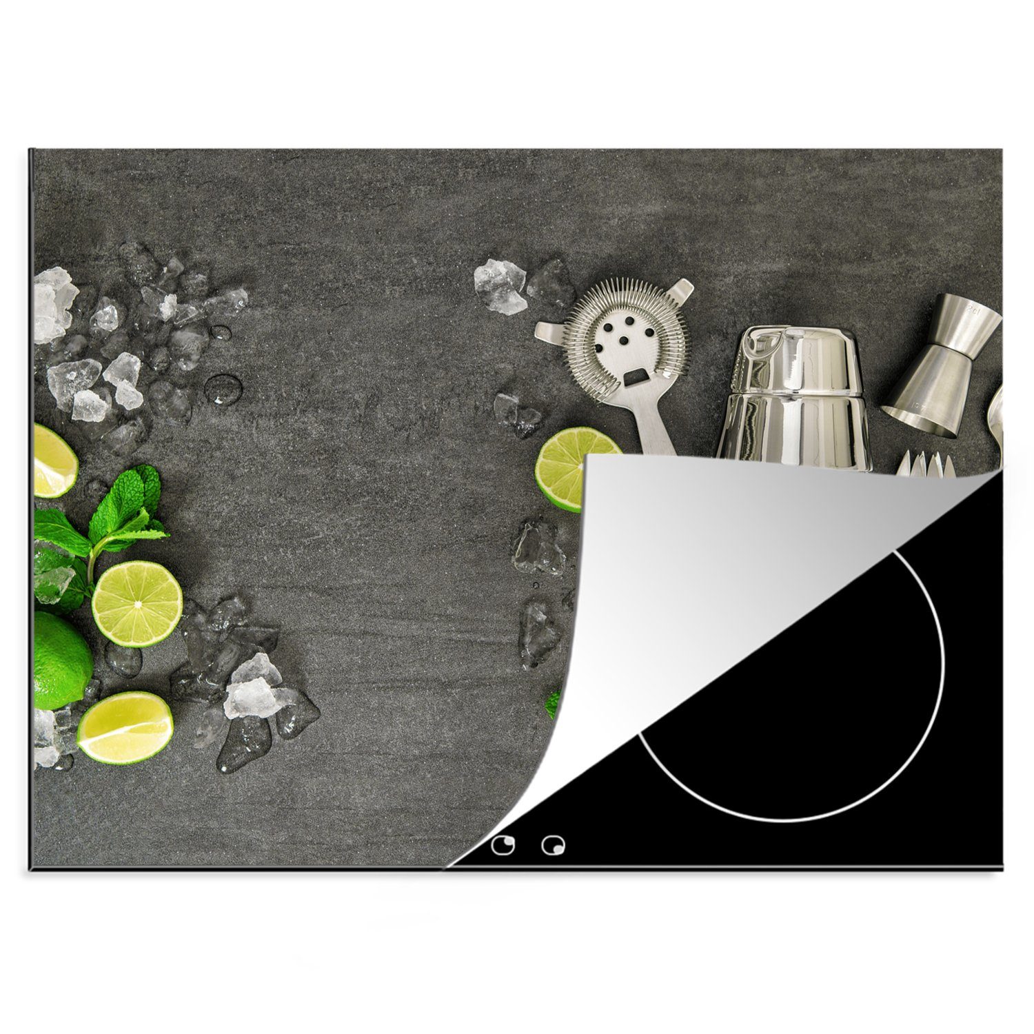 MuchoWow Herdblende-/Abdeckplatte Induktionsschutz - Cocktailshaker - Eiswürfel - Obst, Vinyl, (1 tlg), 70x52 cm, Mobile Arbeitsfläche nutzbar, Ceranfeldabdeckung