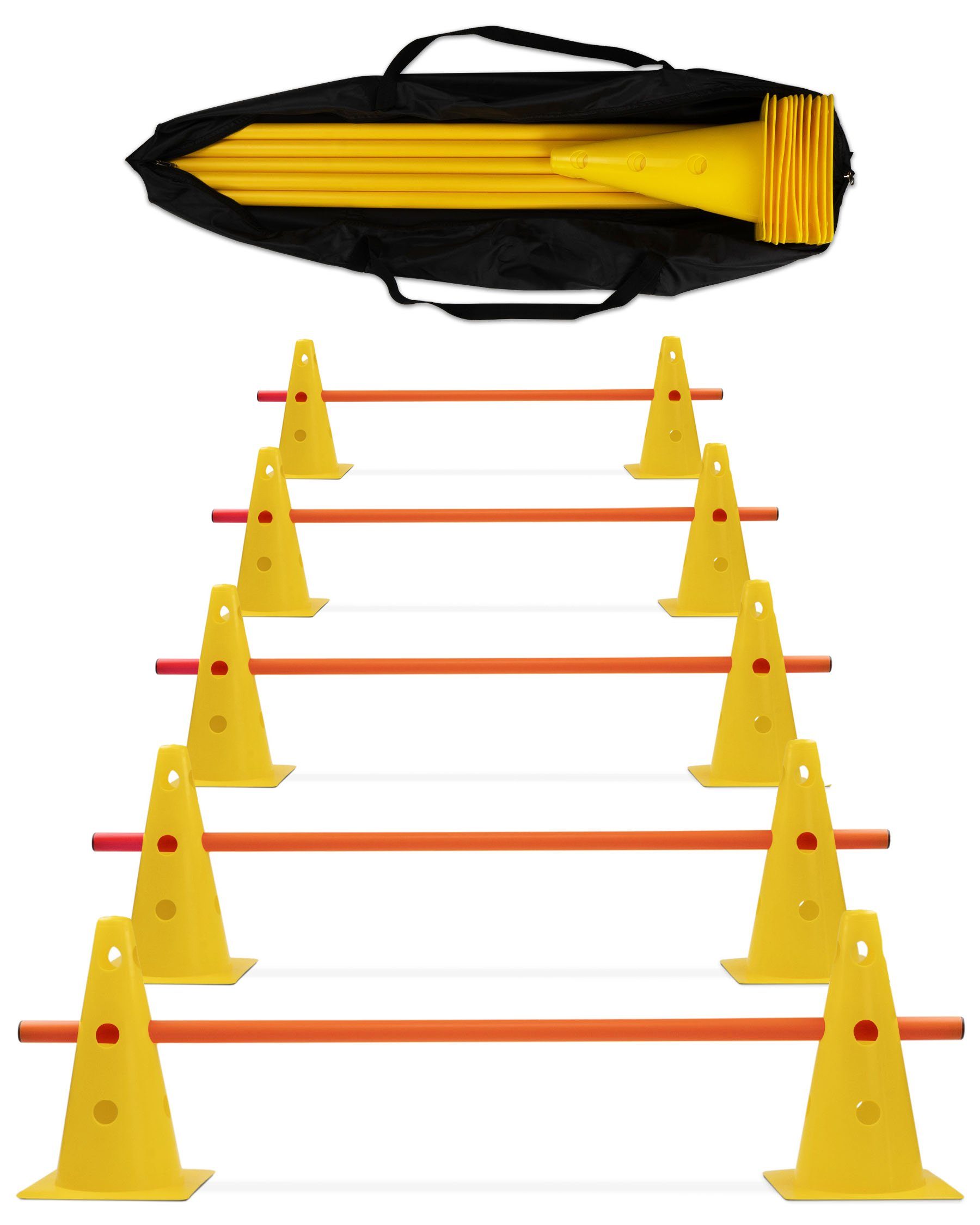 Agility-Hürde 5 x Cavaletti Kegelhürden mit Stange 100 cm und Tragetasche Farbe Gelb