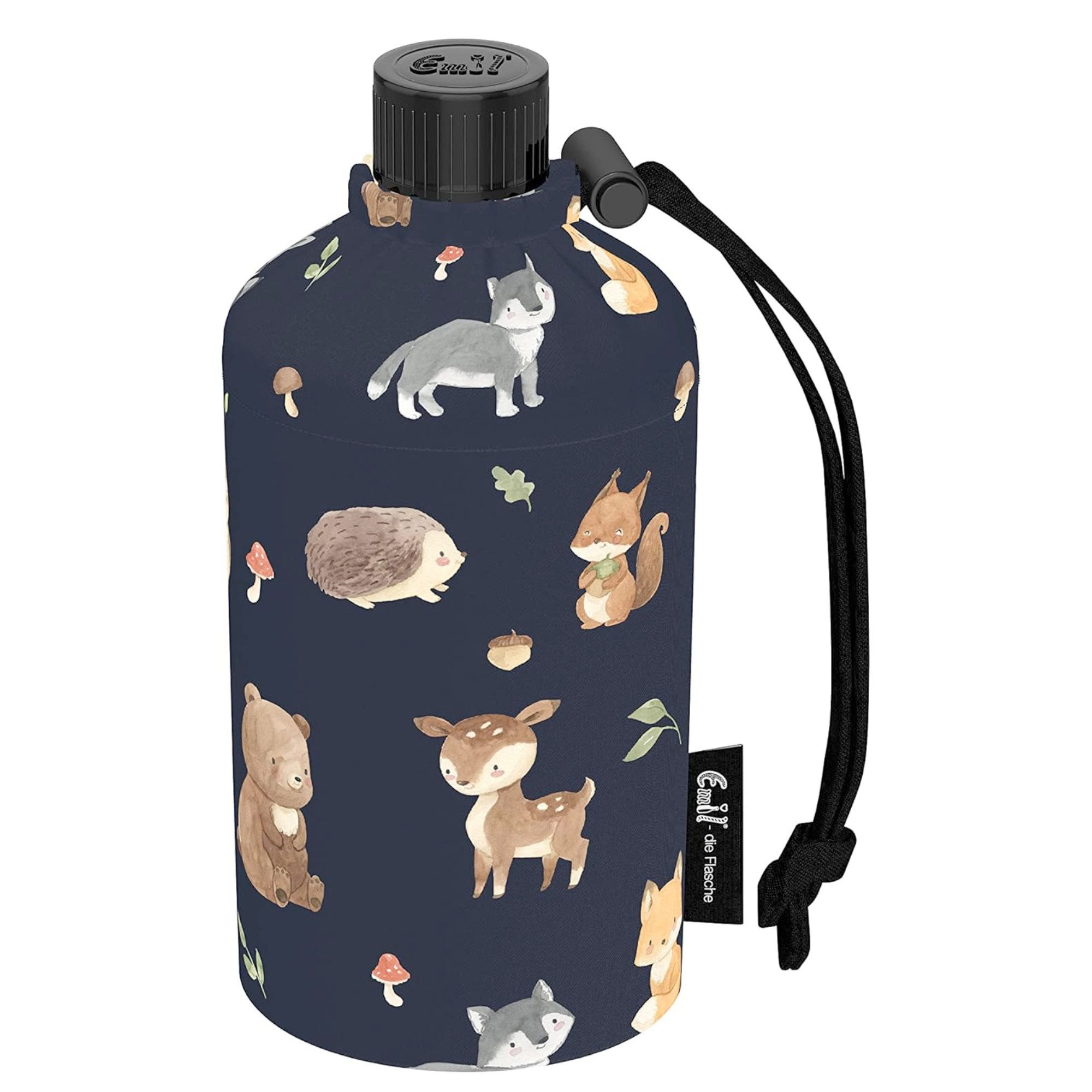 Emil Trinkflasche Waldfreunde Glasflasche, Auslaufsicher, spülmaschinenfest, BPA-Frei, mit Schraubdeckel