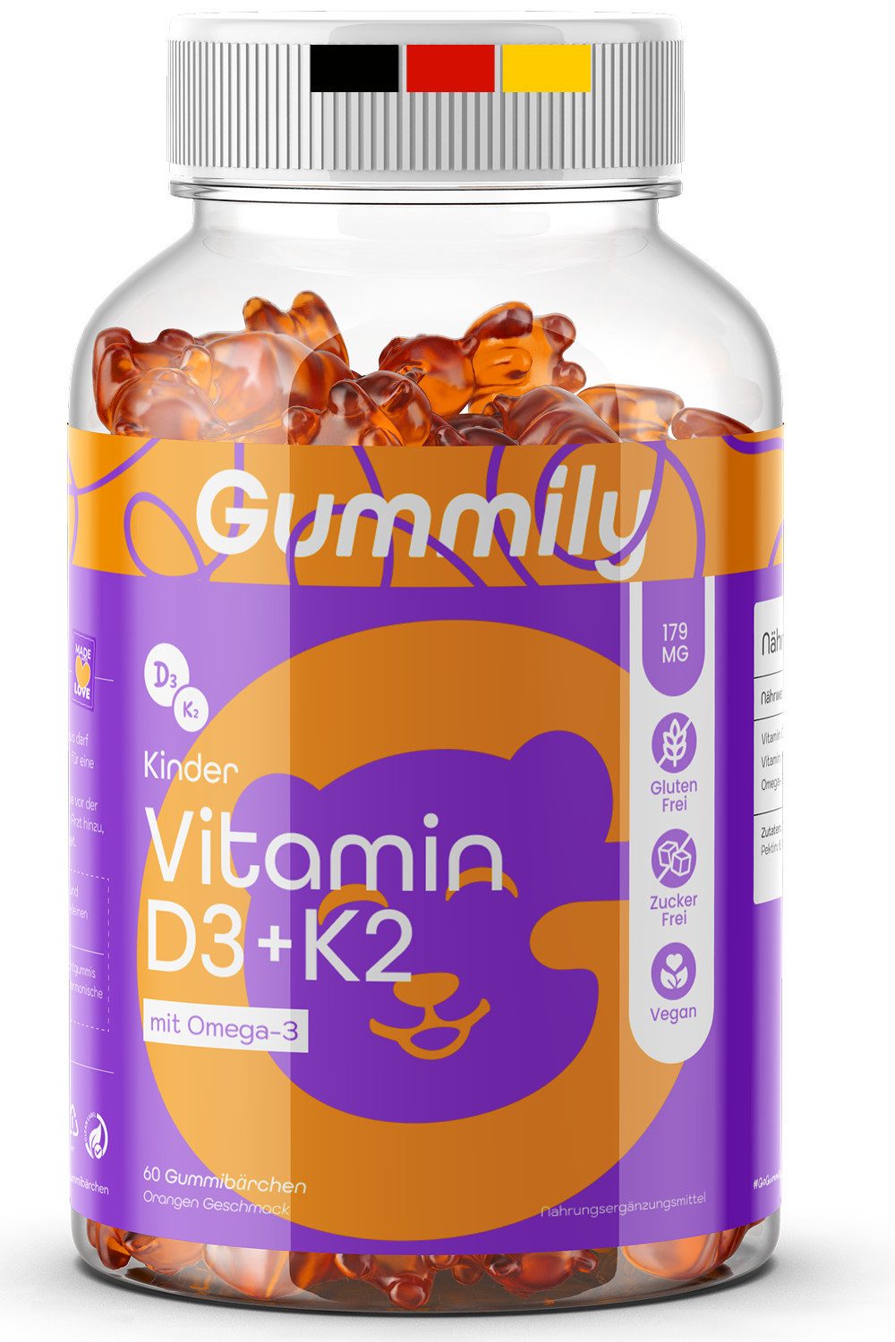 Gummily® Sonnenvitamin Kinder D3 K2 Gummibärchen, 1 er Packung à 60 St., 2 Monatsvorrat - Kinder Vitamin D3 K2 Topfen alternativ