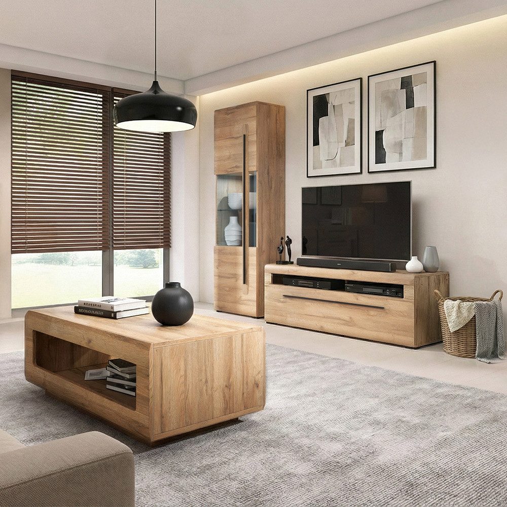 Lomadox Wohnzimmer-Set TURDA-83, (Mega-Spar-Set, 3-St., Couchtisch Highboard Lowboard Sideboard Vitrine Wandregal), Eiche Dekor braun Metallgriffe inkl. LED Beleuchtung modern