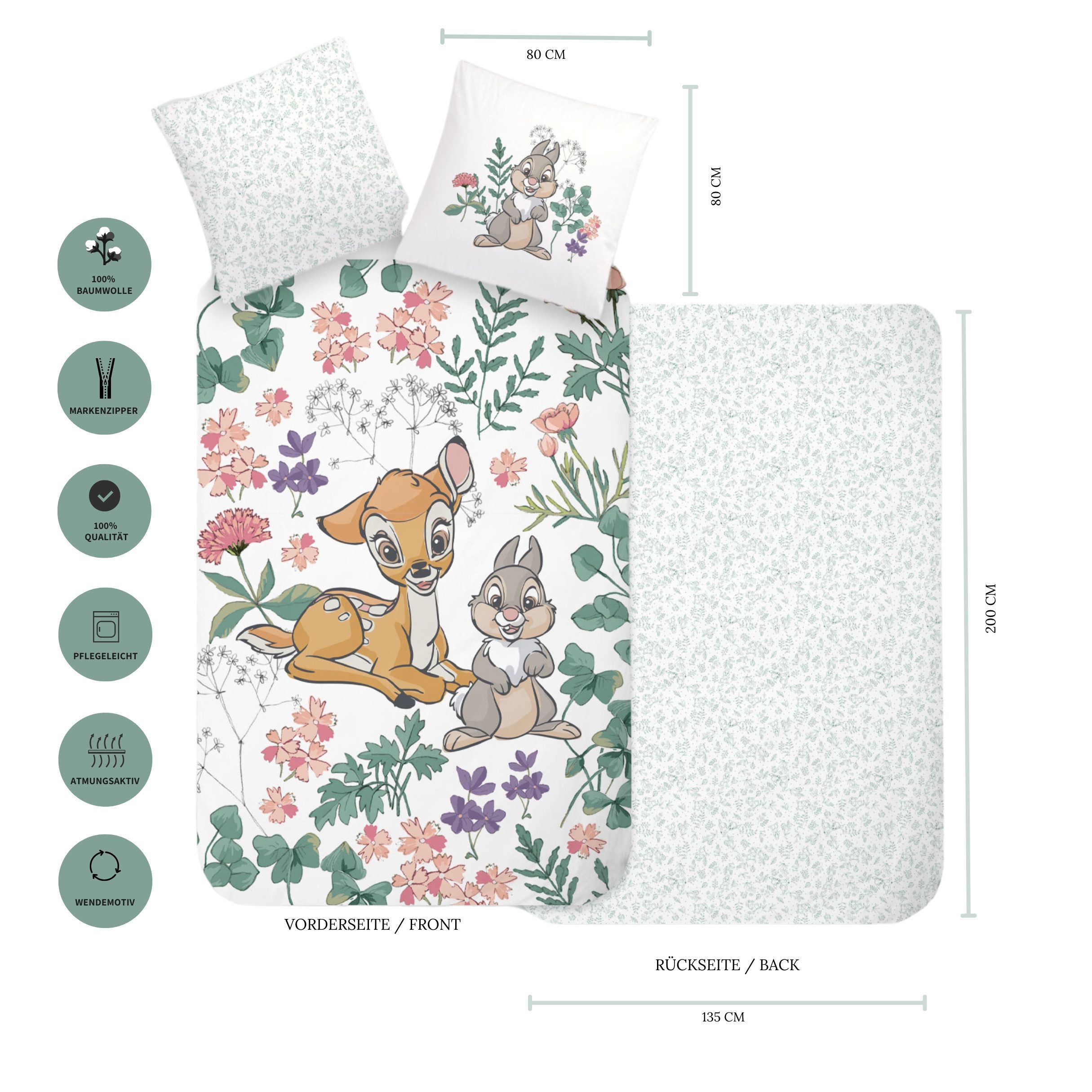 MTOnlinehandel Kinderbettwäsche "Flower" Renforcé in 135x200 + 80x80 cm, Disney, 100% Baumwolle, 2 teilig, Wende- Motiv mit Bambi & Klopfer, weiß, mint, rose