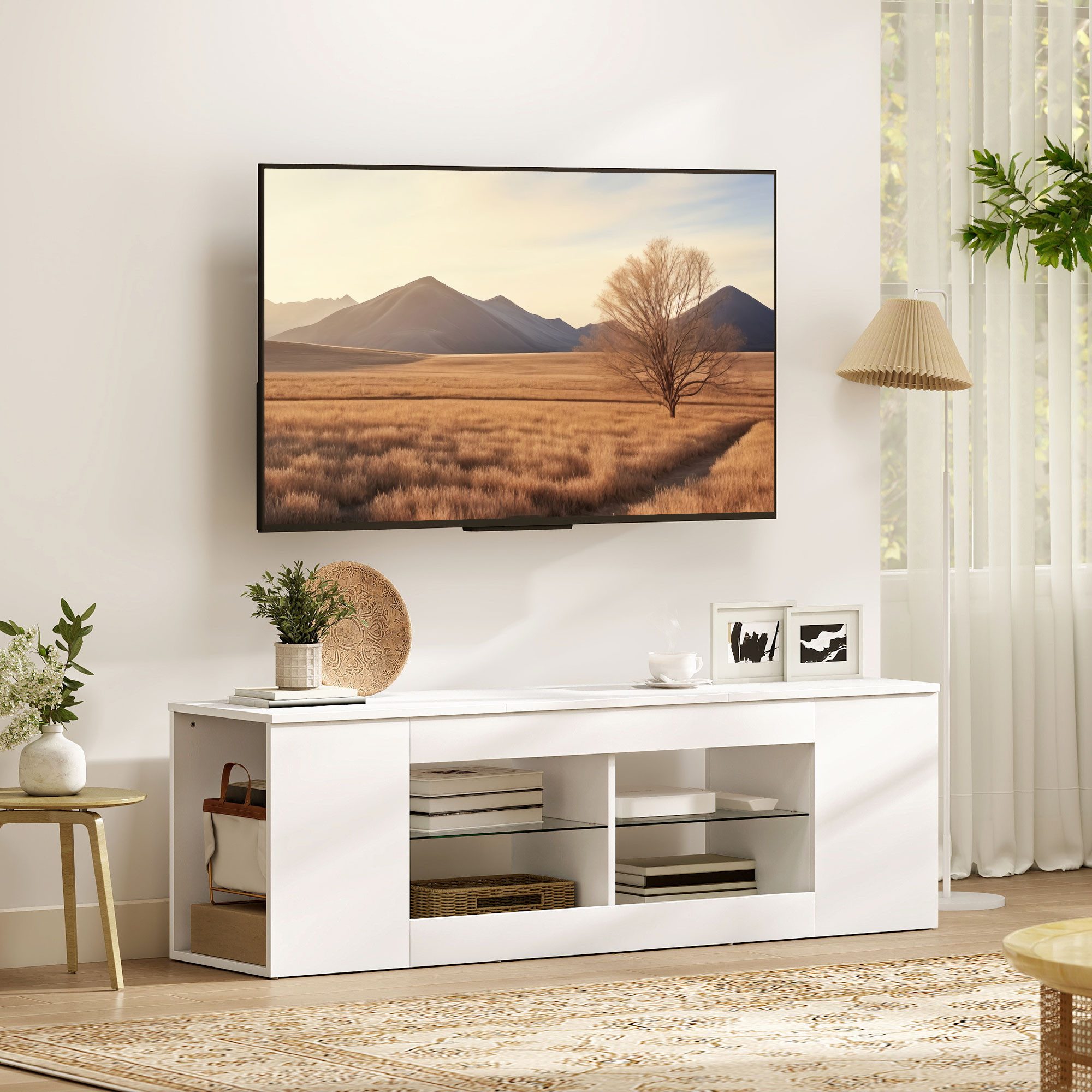 HOMCOM TV-Board Fernsehtisch für Fernseher mit 6 Fächern, 2 Glasregalen (TV Lowboard, 1 St., Fernsehschrank), für Wohnzimmer, Schlafzimmer, Weiß