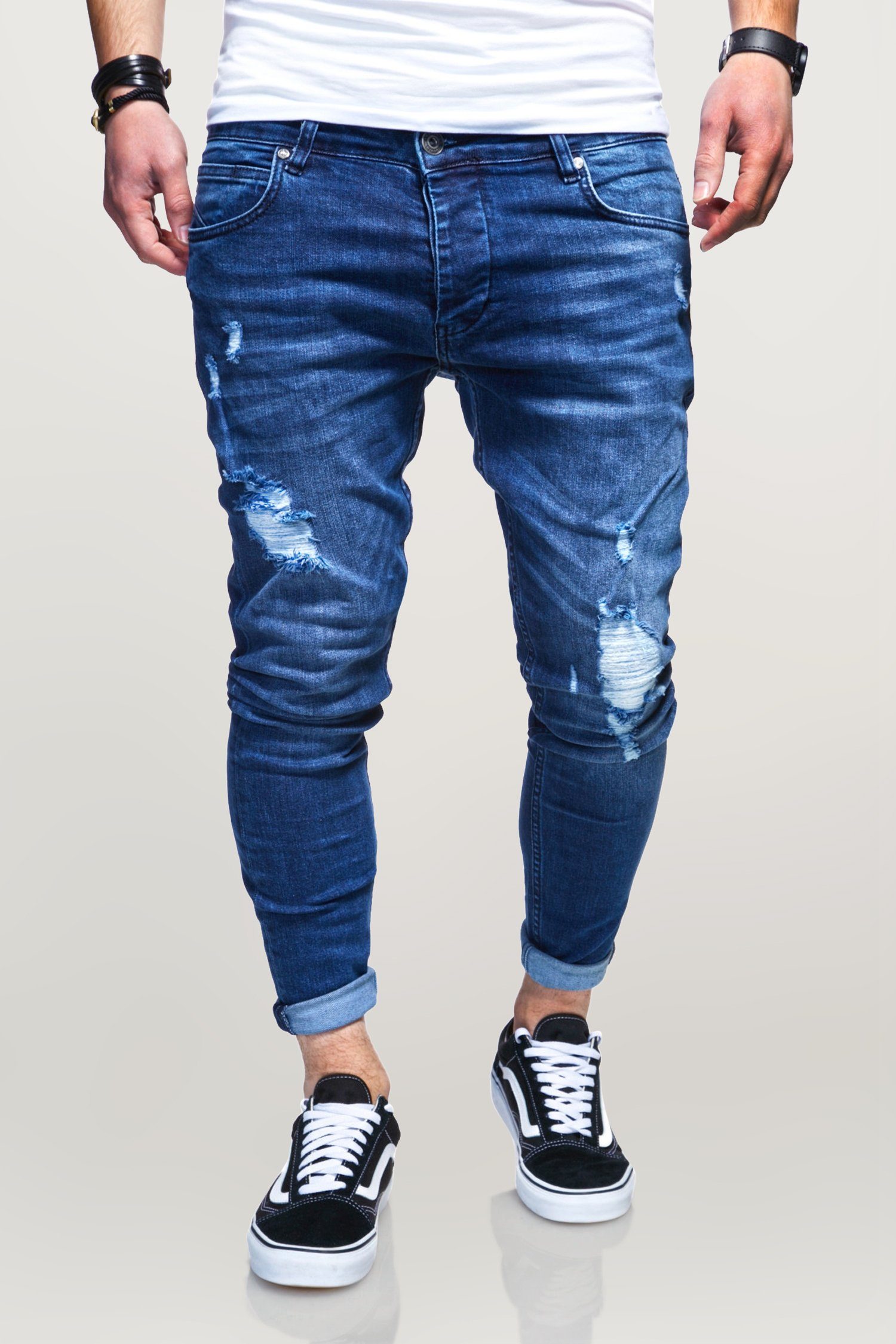 blau mit Slim-fit-Jeans ODIN Destroyed-Parts behype
