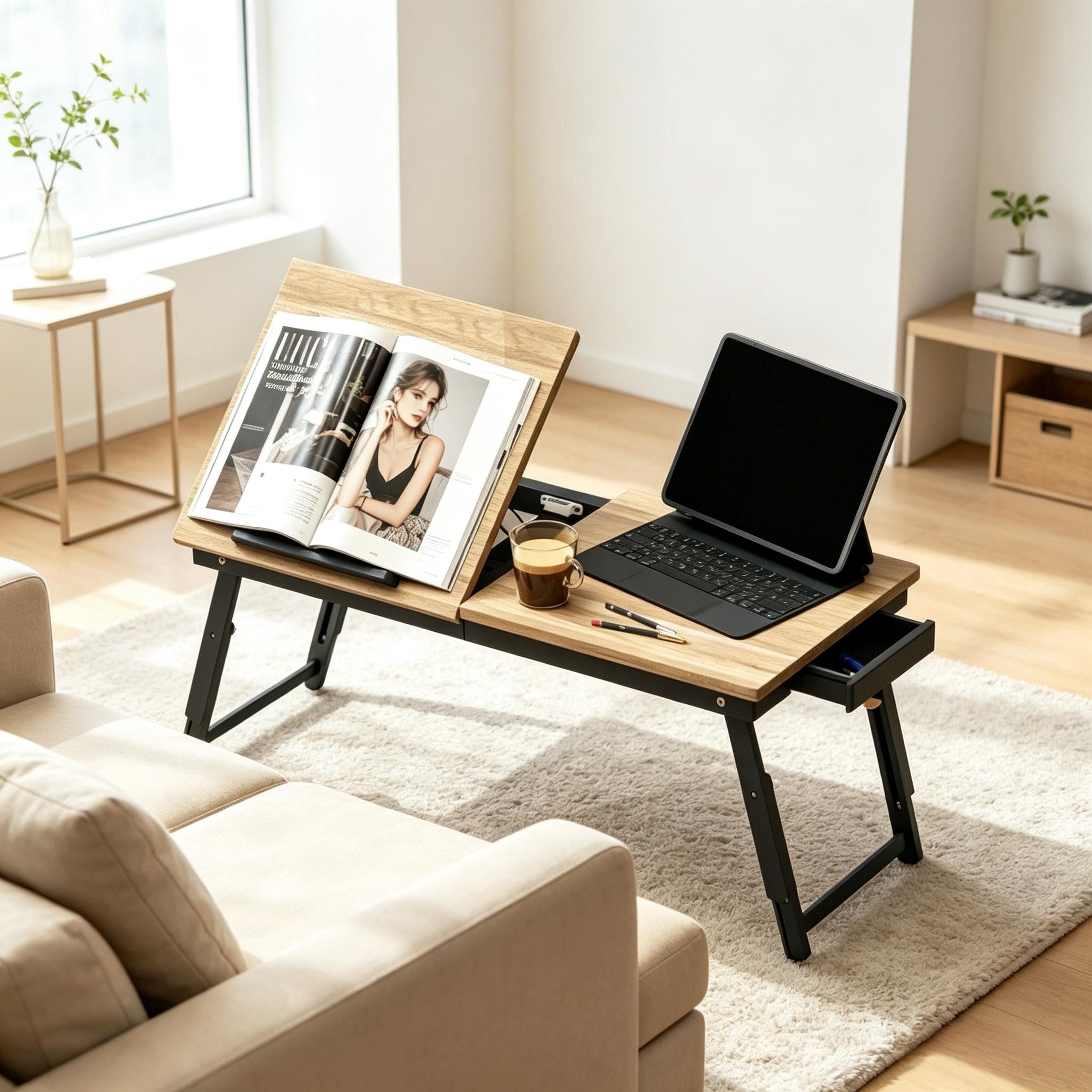 MC Star Laptoptisch Praktischer Laptop-Tisch mit Höhen- und Winkelverstellung (Verstellbarer Klapptisch mit Neigefunktion und Schublade,Multifunktionaler Betttisch(nur mit 1pcs Betttisch)