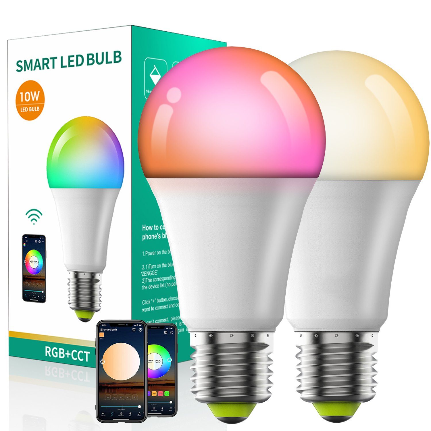 LED-Leuchtmittel RGBCW Lampe 1 Schlafzimmer Glühbirnen, 2700K-6500K Sunicol App für LED 10W Farbige Dimmbar St., Wohnzimmer E27 Bluetooth