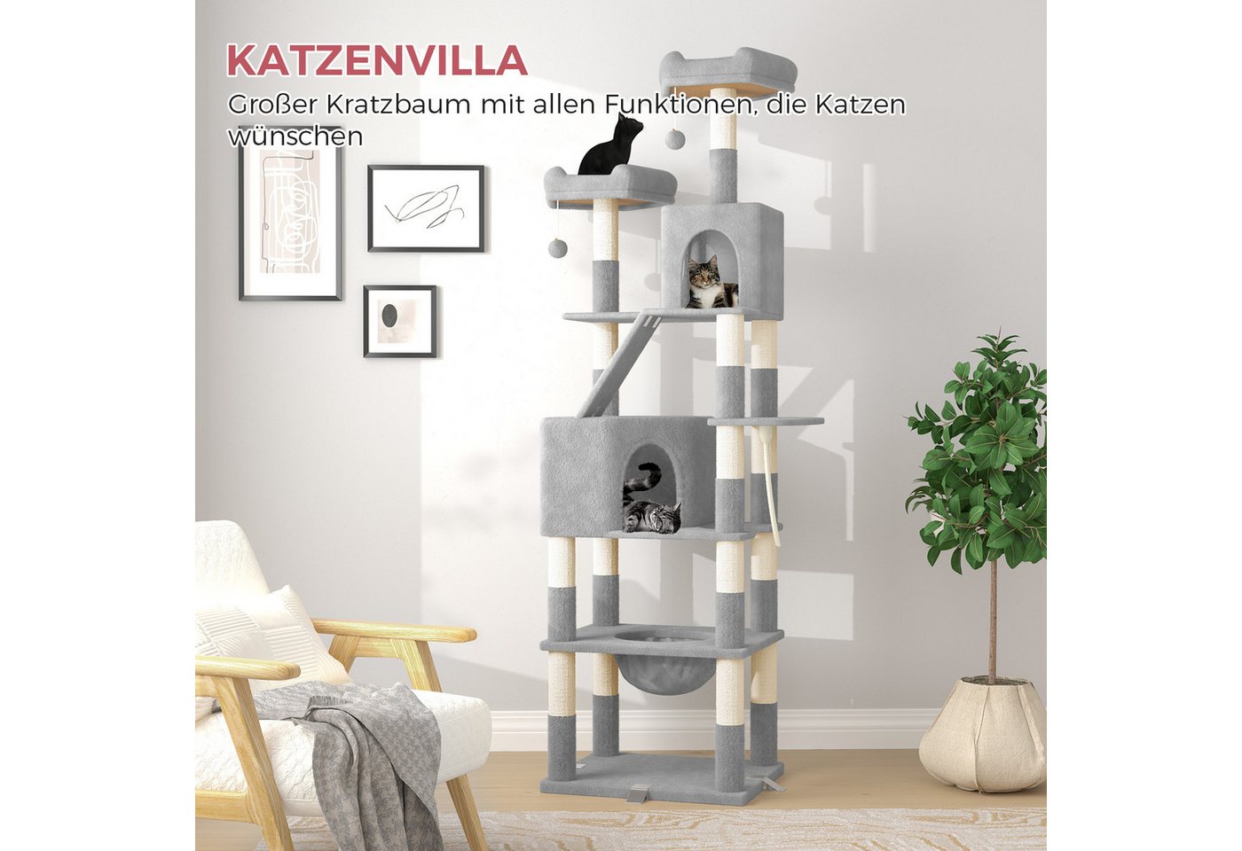 Thumbnail - Dogat Kratzbaum Kratzbaum, Katzenbaum mit Kletterturm, mehrstöckiger Katzenbaum, 208cm Höhe, XXL, mit Höhlen und Liegemu...