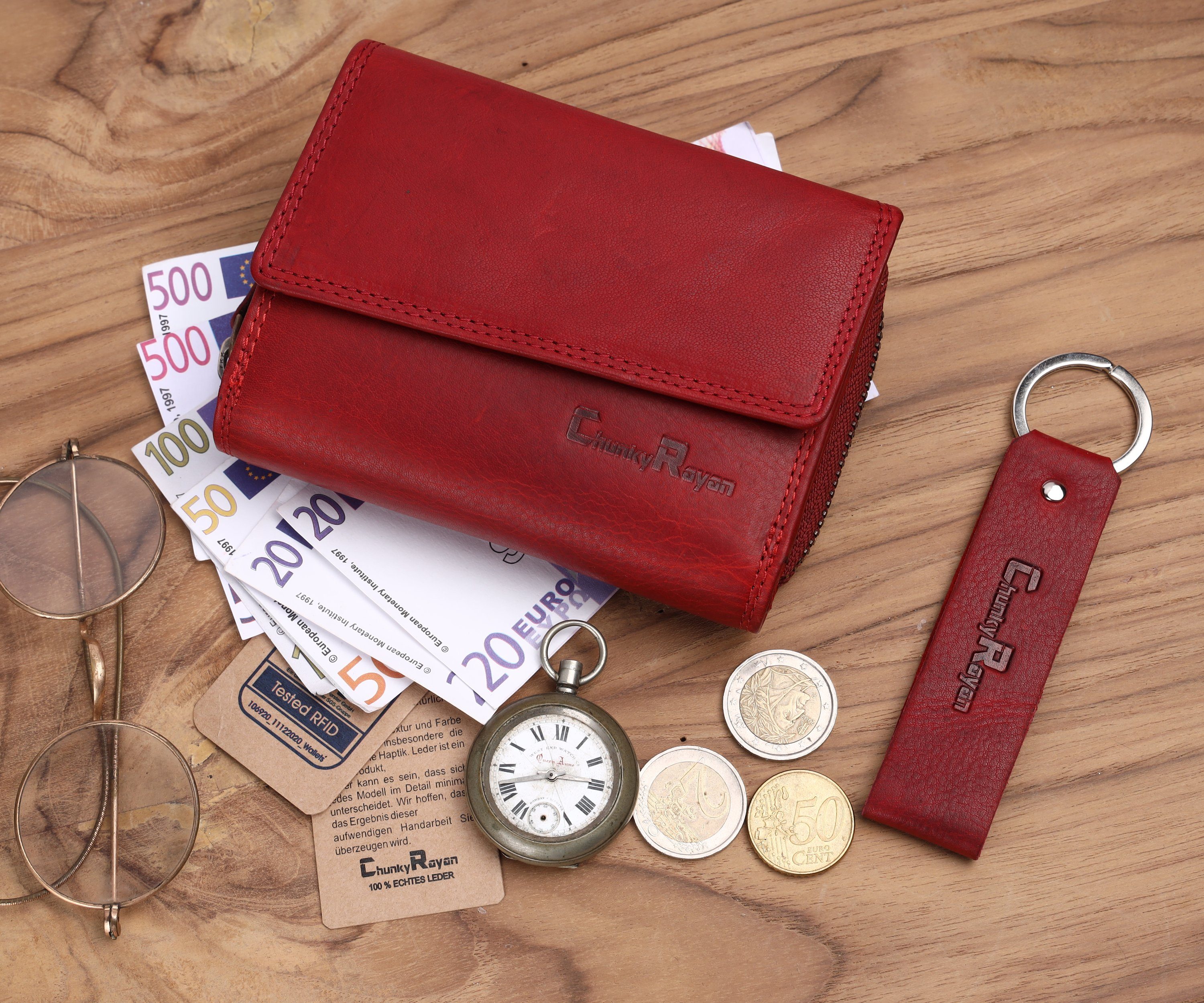 Chunkyrayan Geldbörse Chunkyrayan Schutz Vintage Hochwertig Damen Echtleder Geldbörse Rot RFID
