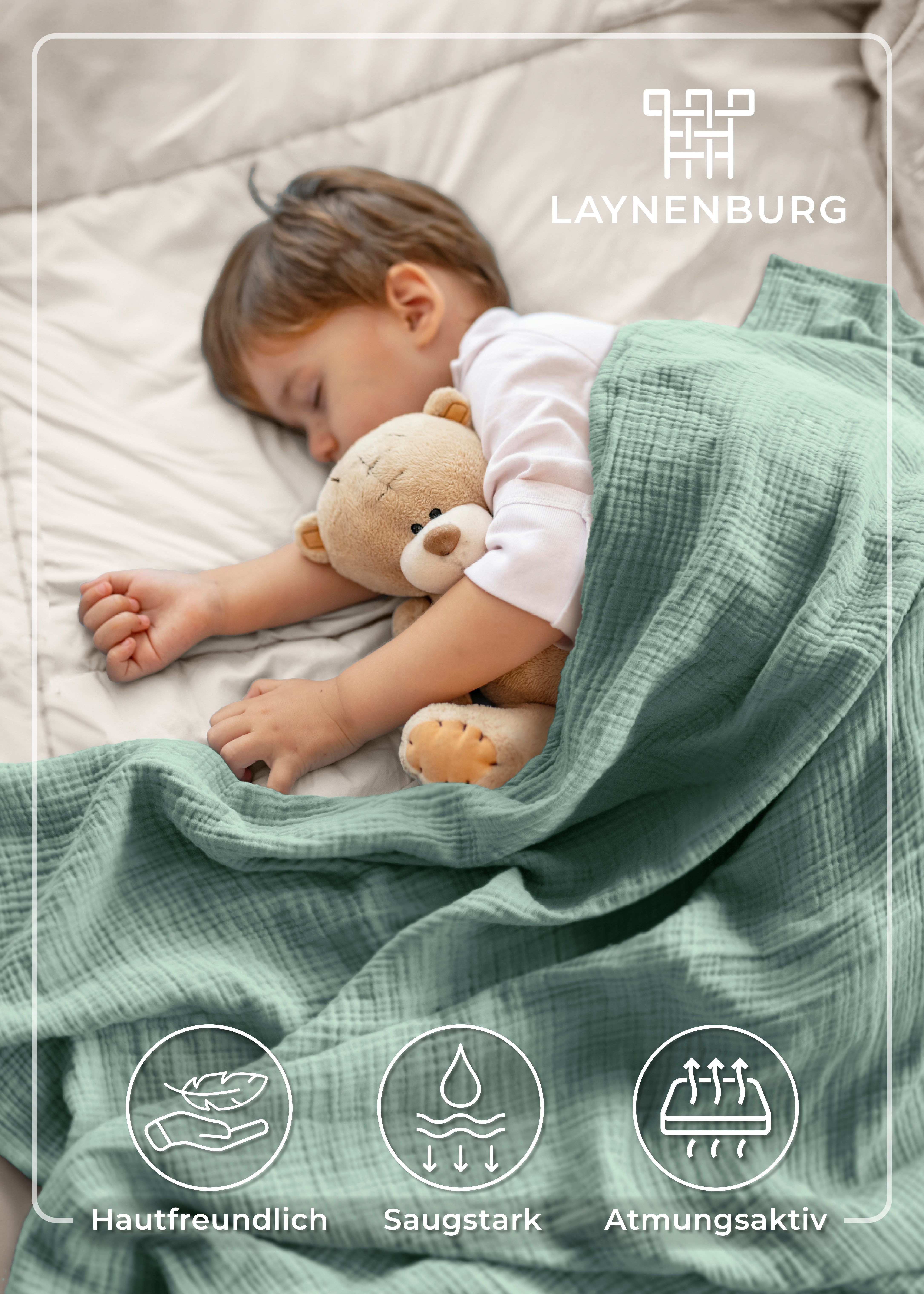 Babydecke Premium Musselin Babydecke 4-lagige Decke aus 100% Baumwolle, Laynenburg, Musselin Babydecke, Kuscheldecke oder Schlafdecke, Pucktuch, Spucktuch