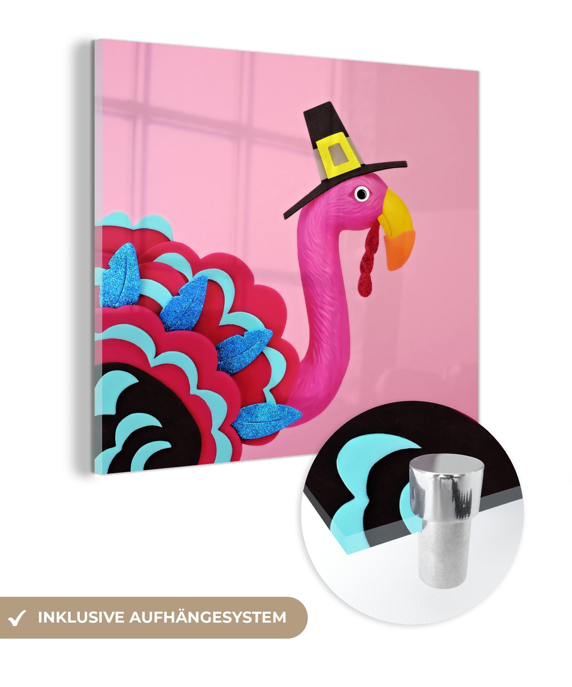 Foto MuchoWow Glas auf Flamingo - Wanddekoration - St), Glasbilder - Acrylglasbild im Bilder Glas Truthahnkostüm, (1 auf Wandbild