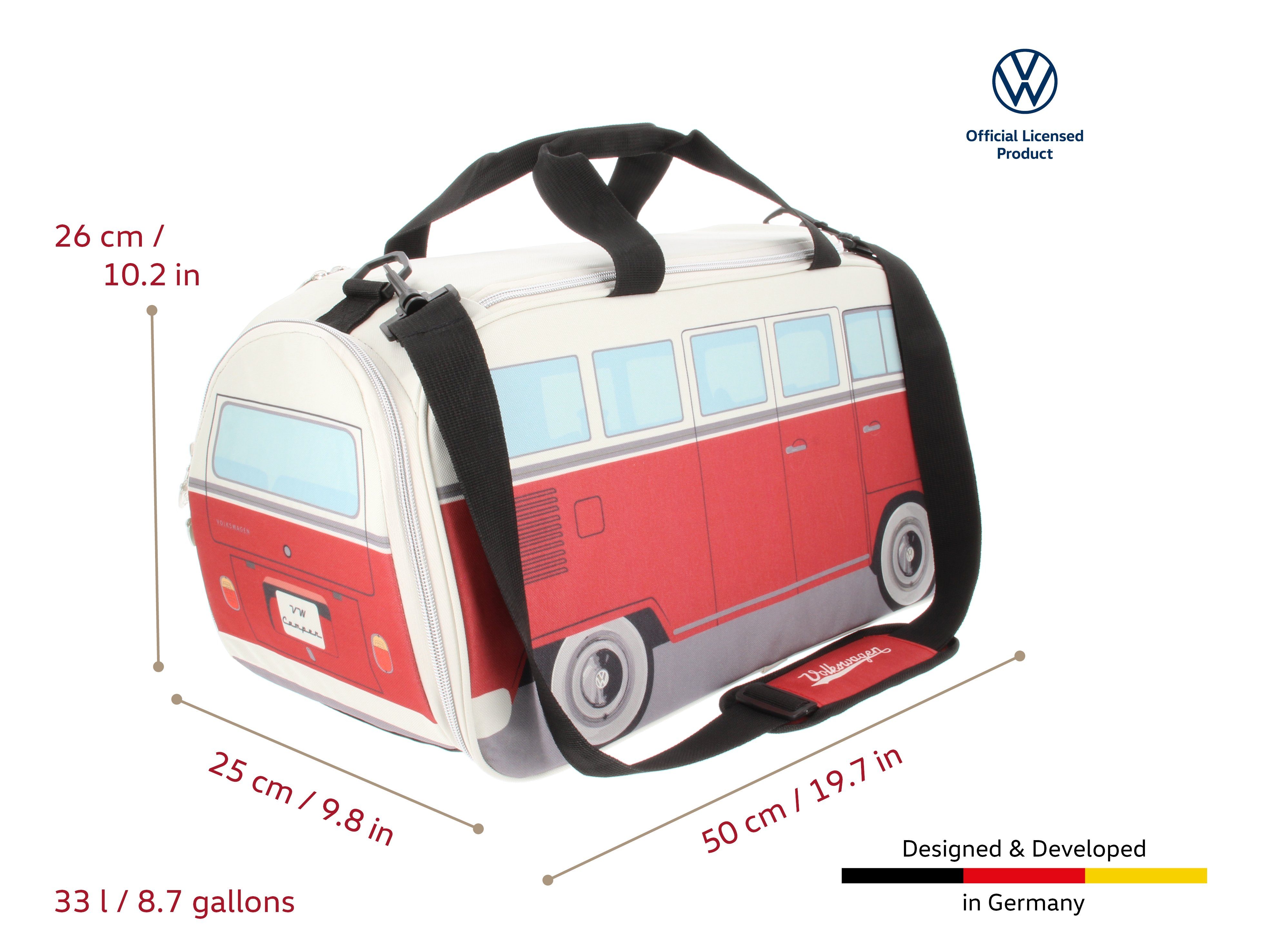 VW Collection by BRISA Sporttasche Volkswagen Retro-Sport-Umhänge-Schulter-Fitness-Tasche, in T1 Bulli Bus Form Klein Classic Bus in Rot & Beige