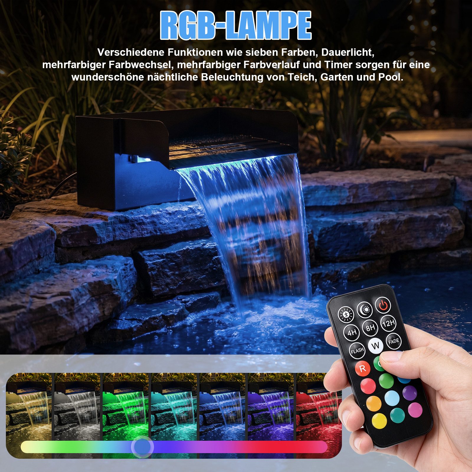 XERSEK Wasserfall Teichwasserfall mit UVC-Lampe RGB-Licht 45W-Pumpe Filter Wasserspiel, 31 cm Breite, (Set, 3000L/H Teichpumpe mit Edelstahl-Auslauf), für Terrasse Bachläufe Gartenteiche Fischteiche