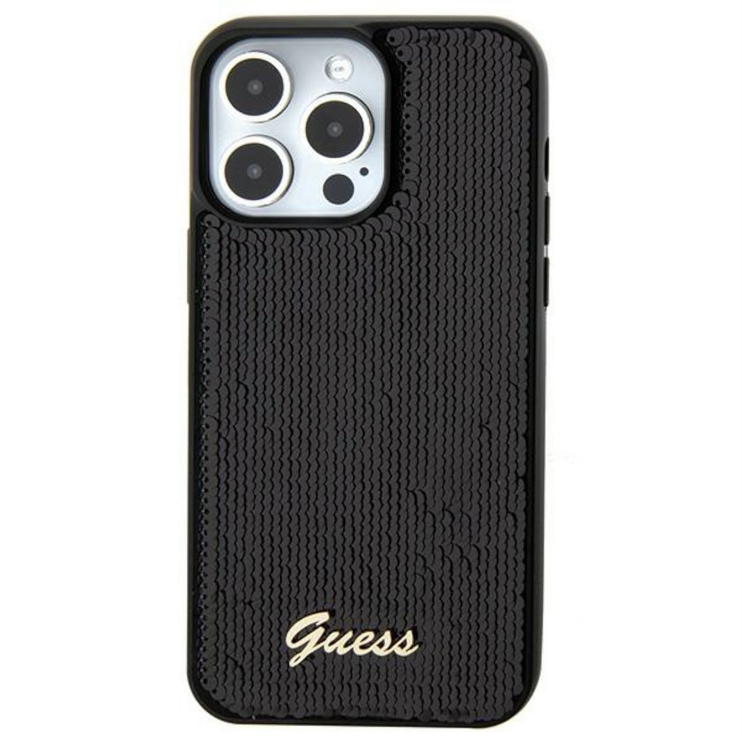 Guess Smartphone-Hülle Guess Apple iPhone 15 Pro Schutzhülle Sequin Script Metal Schwarz