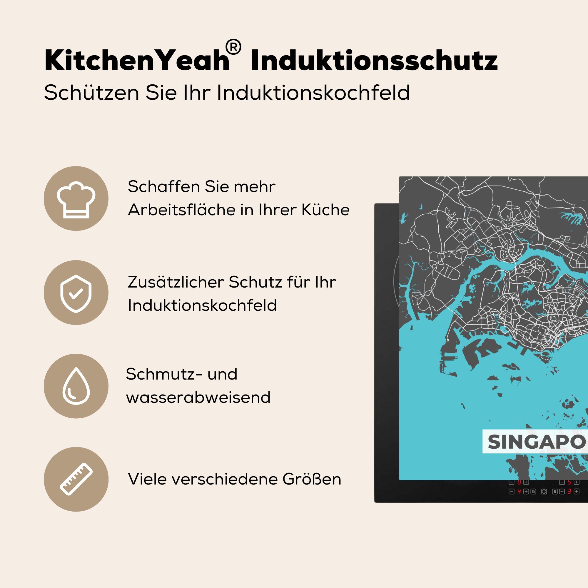 MuchoWow Herdblende-/Abdeckplatte Singapur - Karte Arbeitsplatte küche (1 Stadtplan, Blau - Ceranfeldabdeckung, für 78x78 - tlg), Vinyl, cm