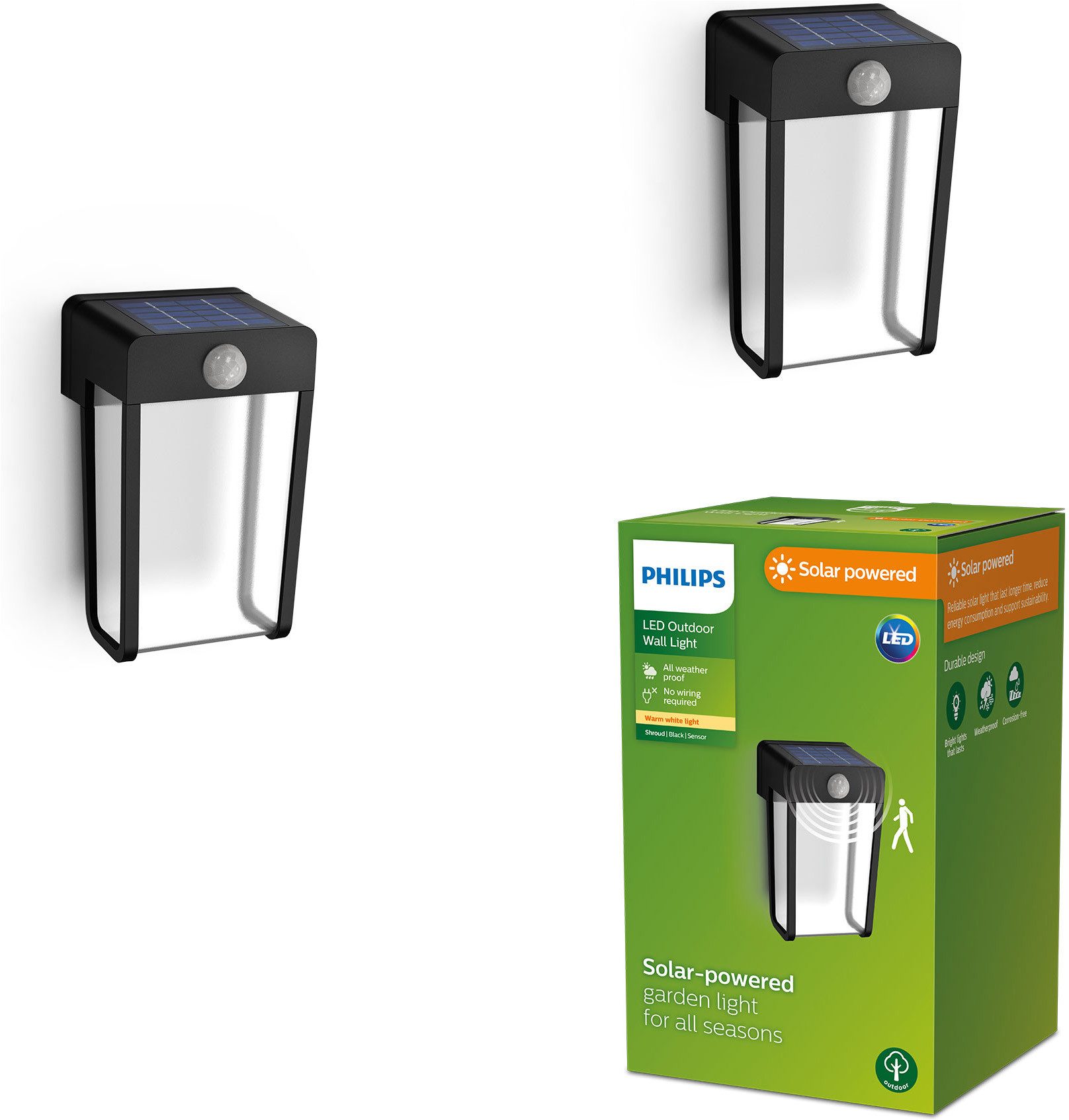 Philips LED Solarleuchte 2er Pack Outdoor Solar Shroud, Abschaltautomatik, Bewegungsmelder, Tageslichtsensor, LED fest integriert, Warmweiß, Tageslicht- und Bewegungsmelder, 2700 Kelvin