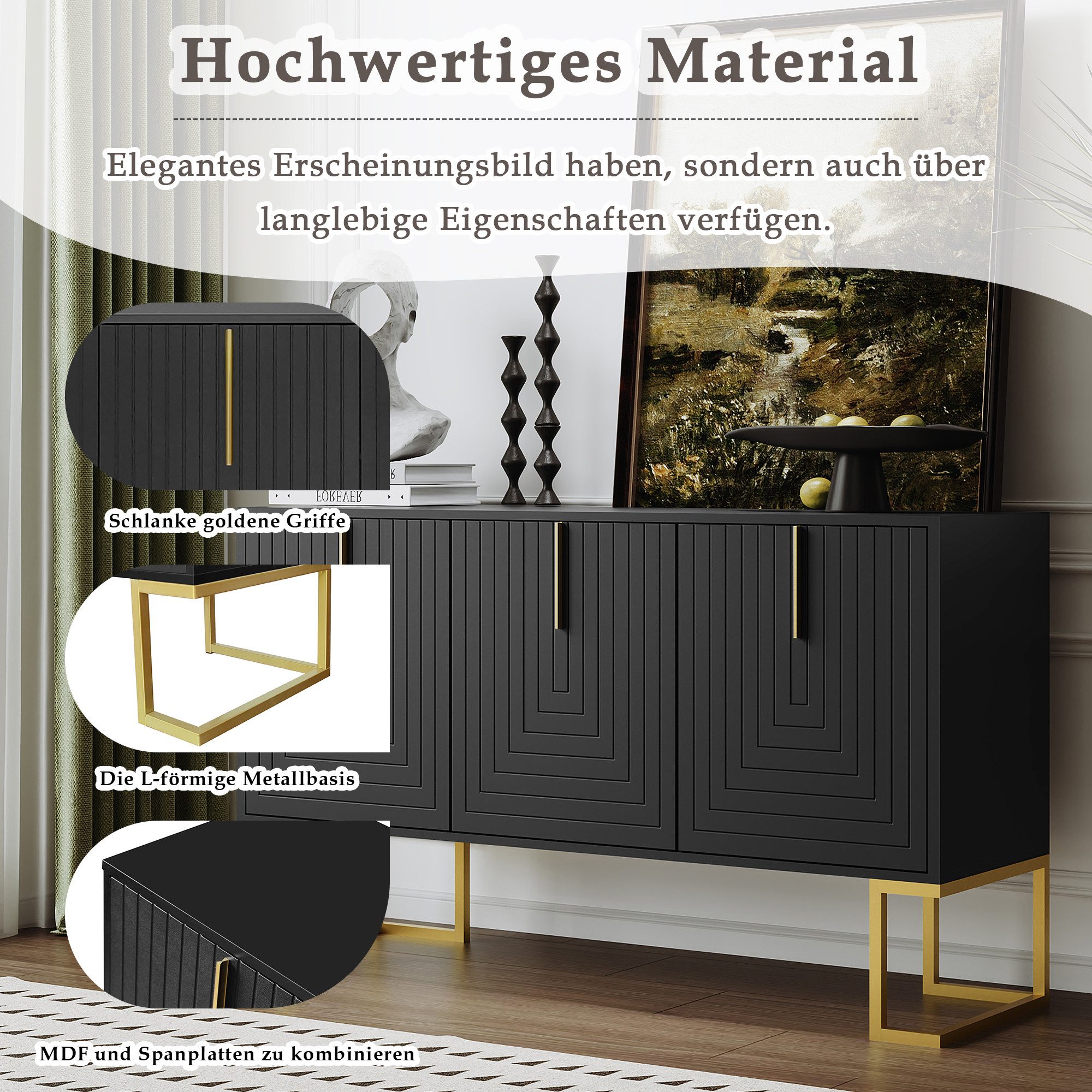 Merax Sideboard mit 3 Türen und verstellbaren Einlegeböden, Kommode mit Metallsockel,Anrichte,Buffet,TV-Schrank
