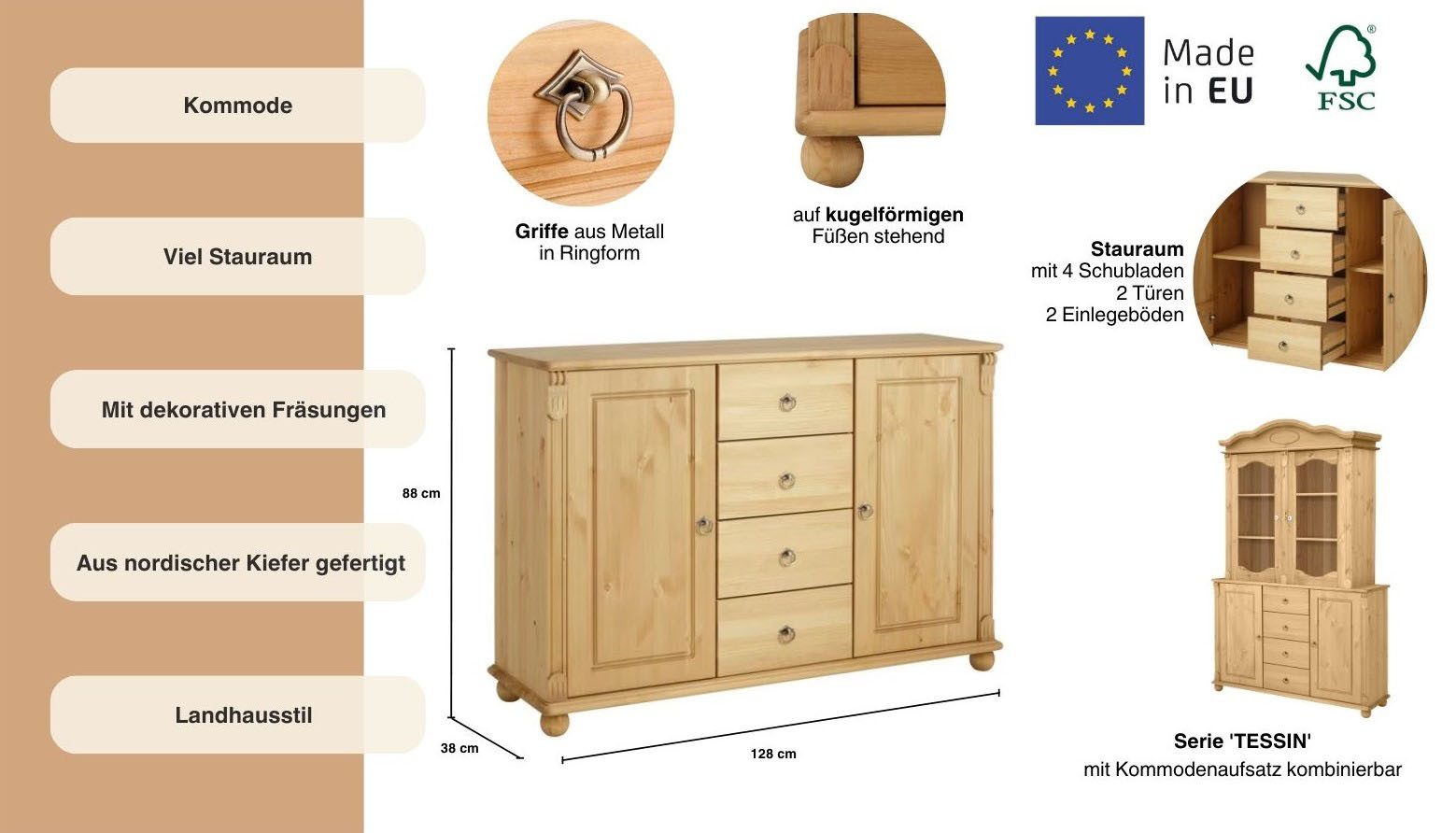 OTTO home Kombikommode Tessin; Buffetunterschrank, klassischer Landhausstil, aus massiver, FSC®-zertifizierter Kiefer, 128cm breit