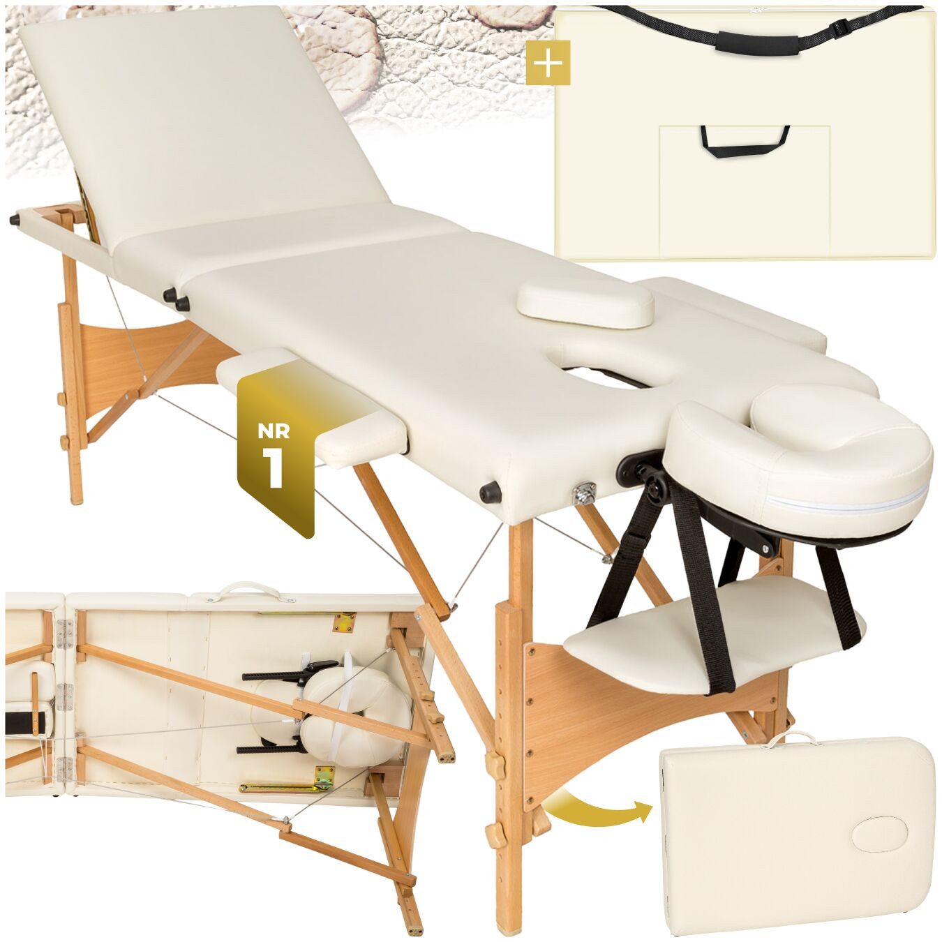 tectake Massageliege Massagetisch klappbar mit Holzgestell, Polsterung (Tragbarer Massagetisch Daniel, 1-St., in Beige), Inkl. Tragetasche, bis 250 kg belastbar, 62-84 cm höhenverstellbar