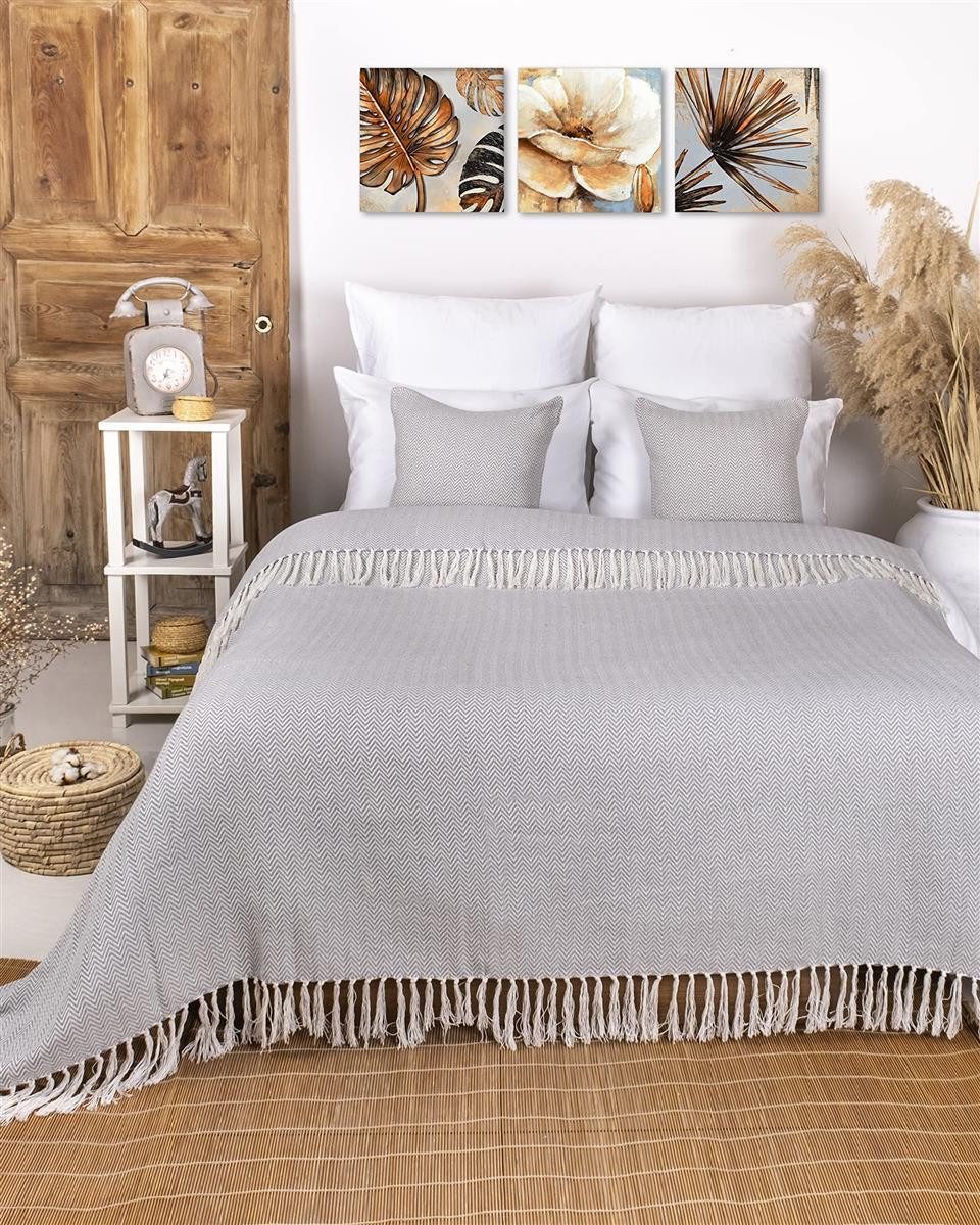 Gräfenstayn Tagesdecke Premium Tagesdecke 100% Baumwolle Fischgrätenmuster Sommerdecke, Wohndecke als Sofa-Überwurf, Bett-Überwurf, Couch-Überwurf, Sofa-Decke