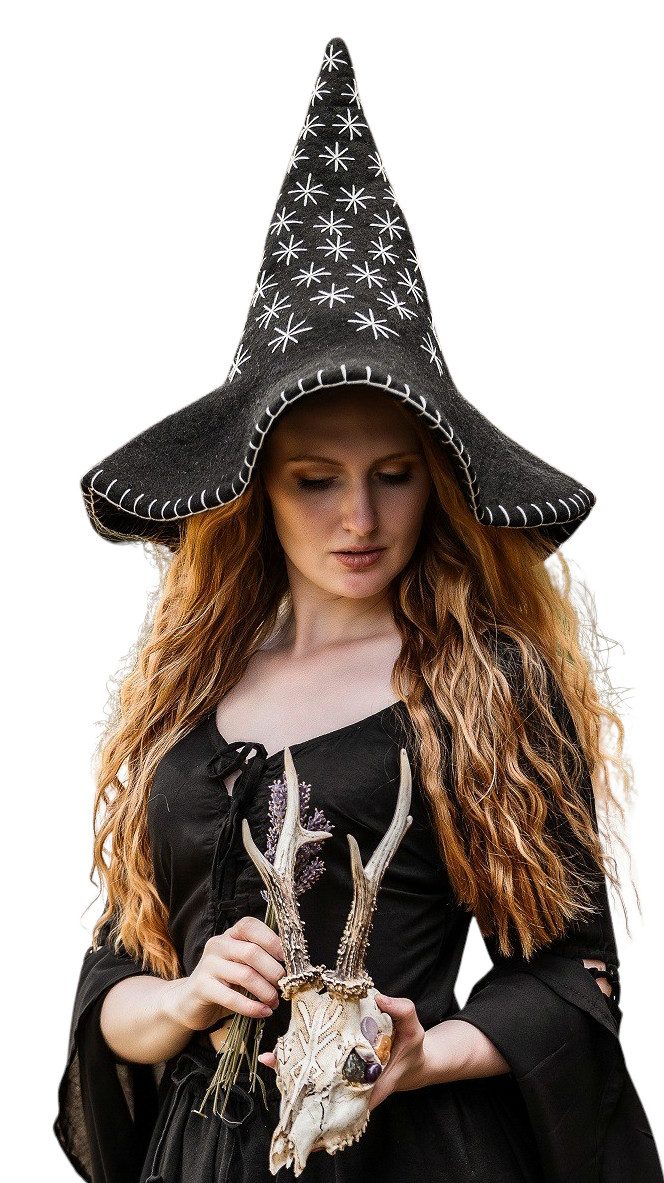 Leonardo Carbone Hexen-Kostüm Hexenhut "Star", hoher Kegel, Sternenmuster aus Wollfilz