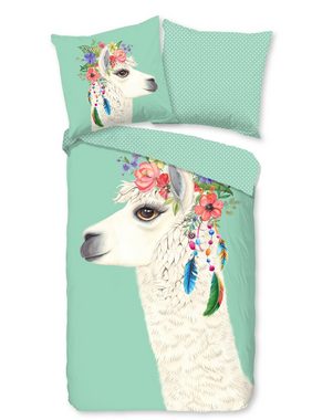 Bettwäsche Alpaka Lama Blumen pastell uni grün mint, soma, Baumolle, 2 teilig, Bettbezug Kopfkissenbezug Set kuschelig weich hochwertig