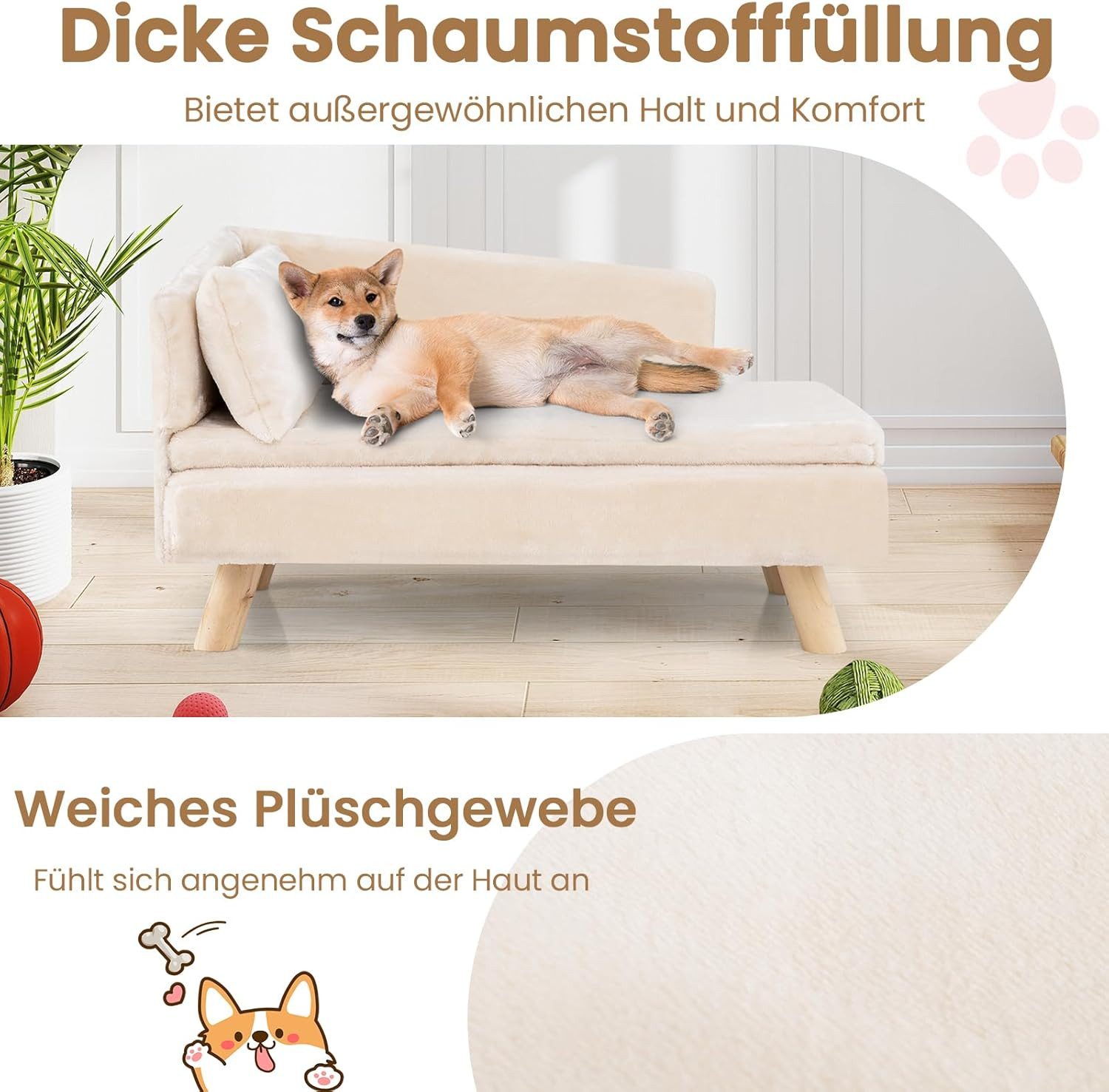 KOMFOTTEU Tiersofa, Hundebett mit Rückenlehne, abnehmbarem Kissen & Holzbei günstig online kaufen