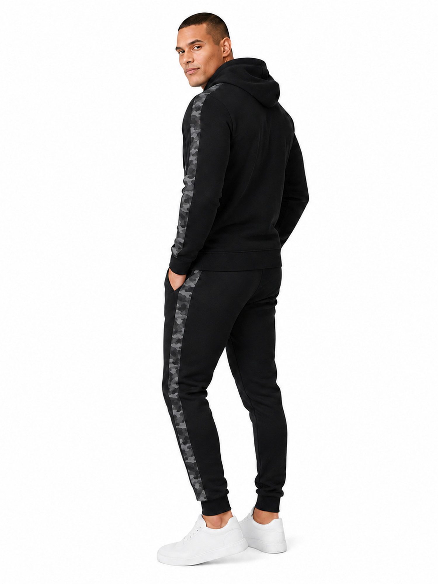 L.gonline Freizeitanzug Herren Jogginganzug einfarbig 100% BW 586 Camouflage L (Kapuzenjacke mit Reißverschluss, Hose, 2-tlg), Fitness Freizeit Casual