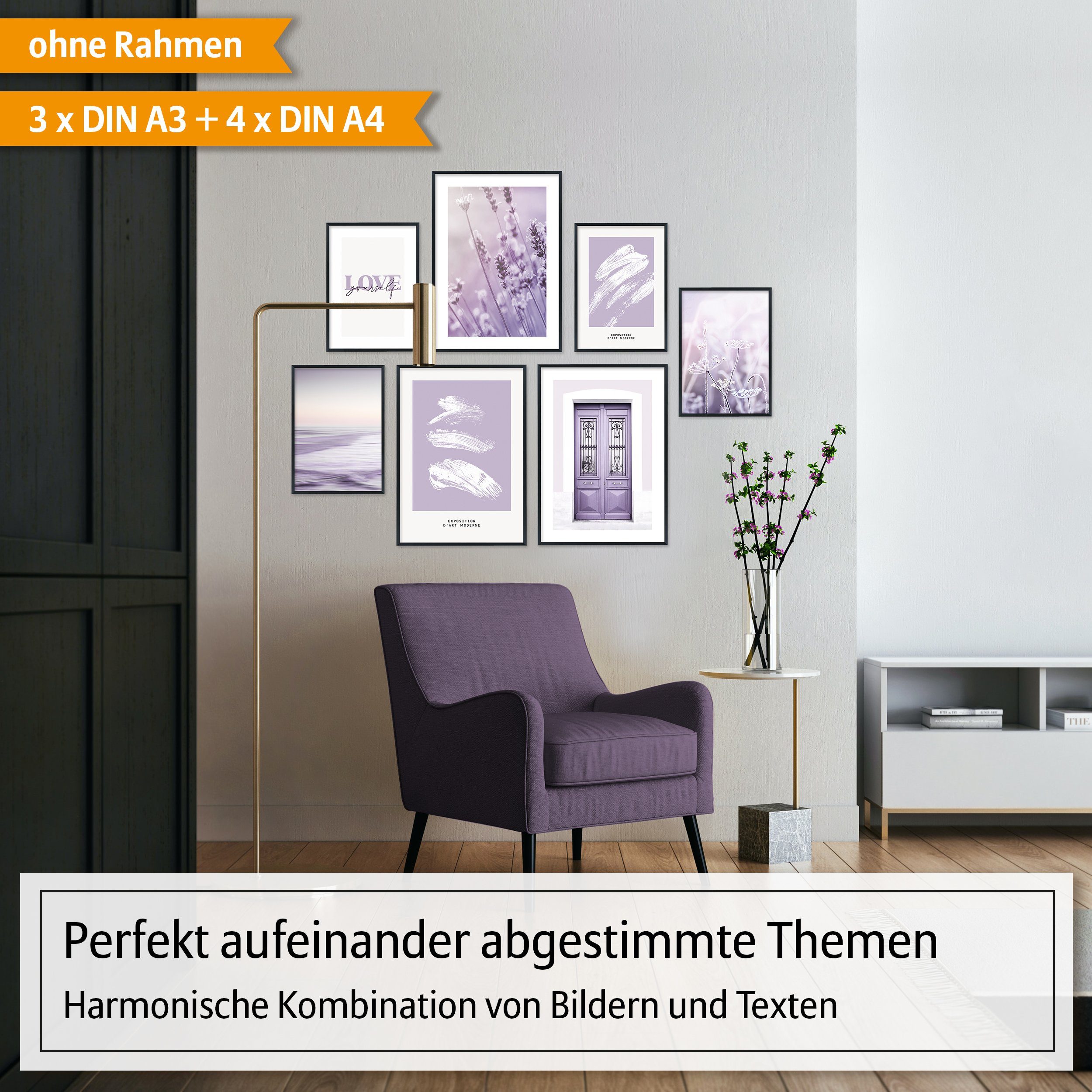 Hyggelig Home Poster Lavendel - Premium Poster Set OHNE & MIT Rahmen - 7 Wandbilder lila, Pflanzen (Set, 7 St), Collage Love, Qualitätsdruck auf dickem Papier