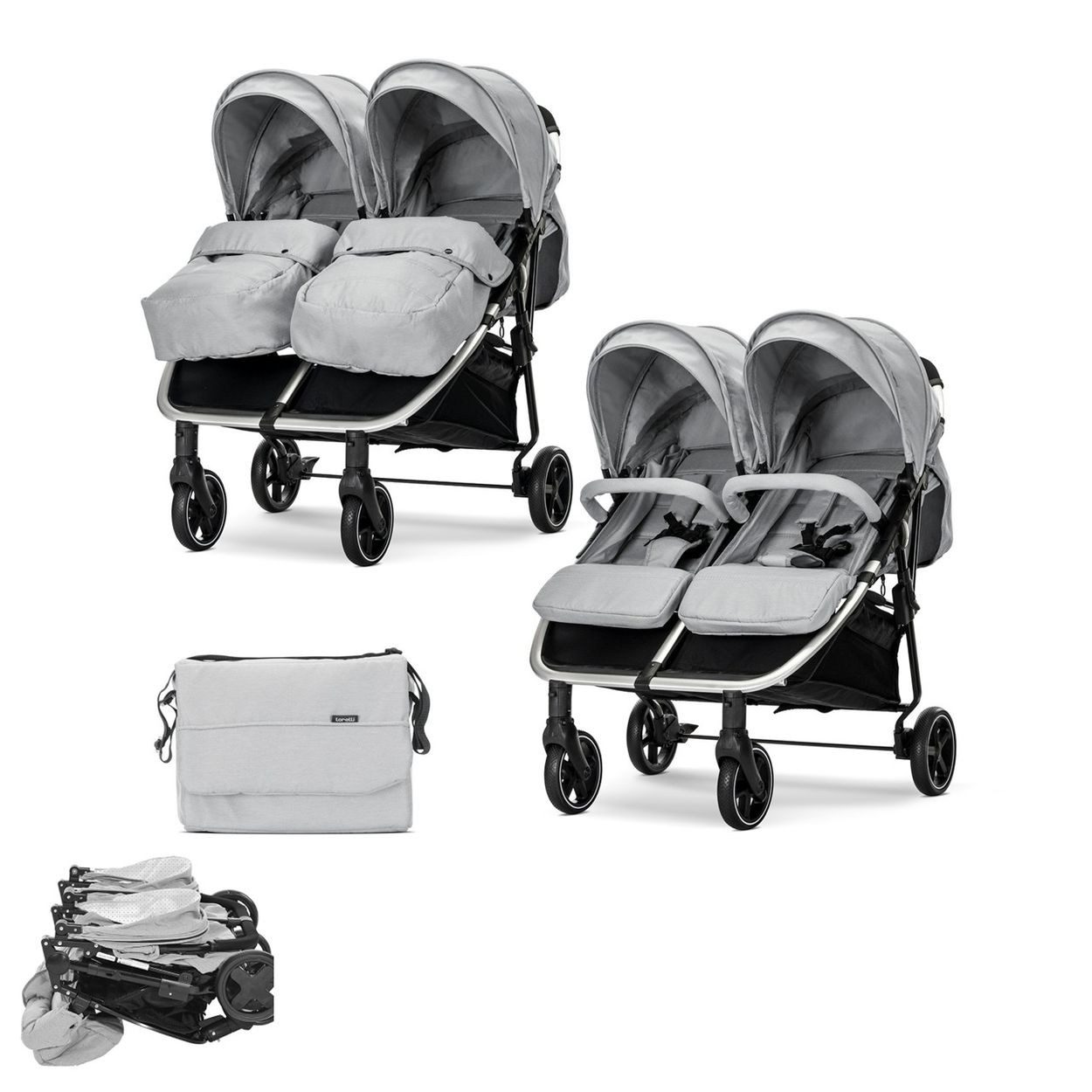 Lorelli Zwillings-Kombikinderwagen Geschwisterkinderwagen Duo, klappbar verstellbar Fußabdeckung Wickeltasche