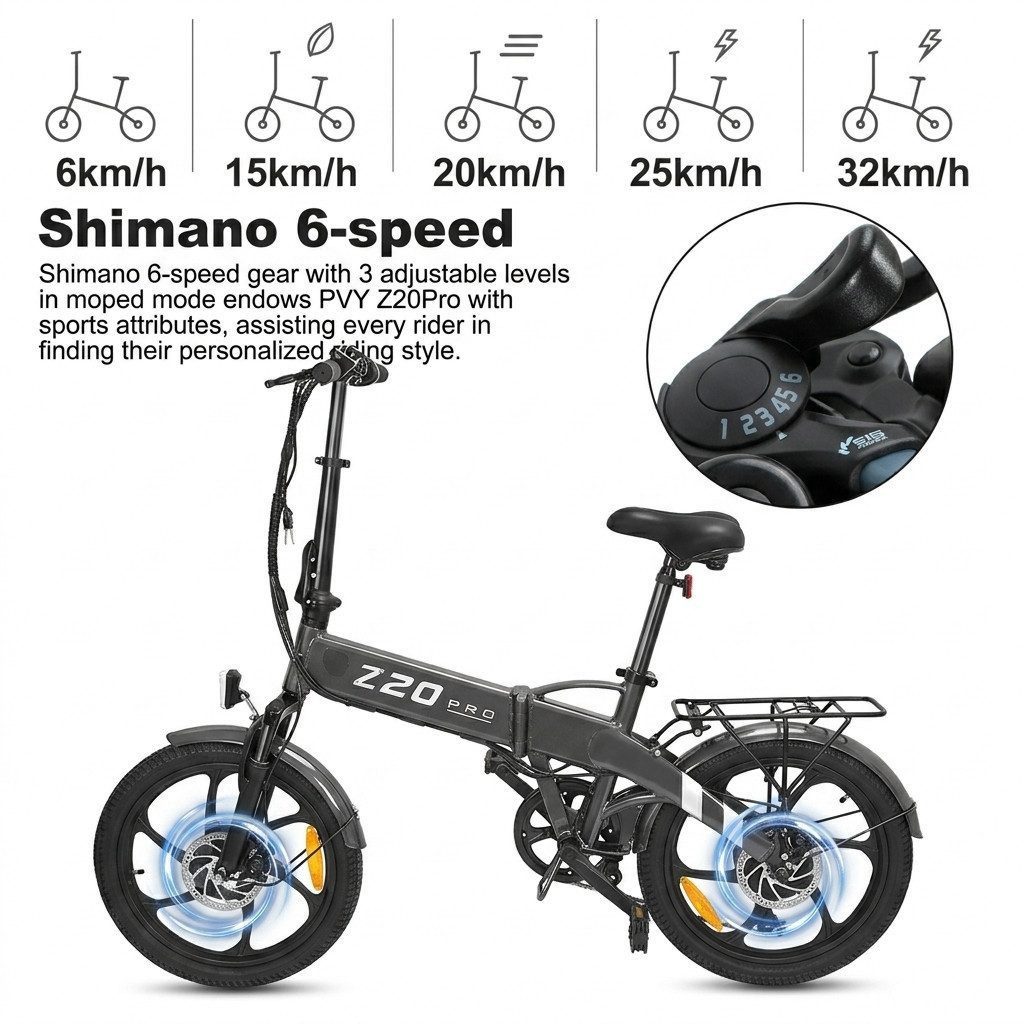 kowdom E-Bike Pedelec E-Klapprad 20 Zoll 250W 36V 10,4Ah Shimano 6-Gang, 6 Gang, Kettenschaltung, Bürstenloser Motor, 374 Wh, (Komplettrad)