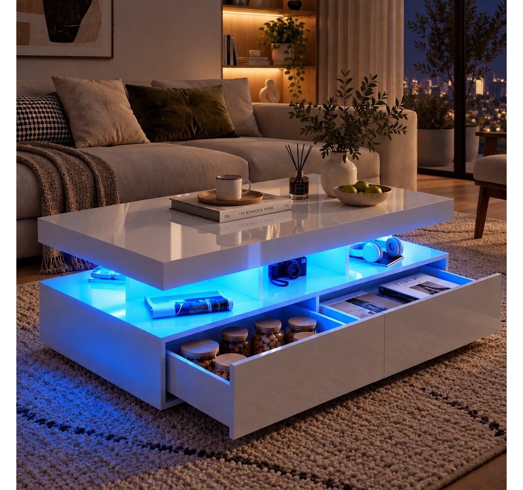 PXloue Couchtisch LED-Couchtisch mit Stauraum und modernem Design (Hochglänzender), Praktischer Tisch mit Schubladen und integrierter Beleuchtung