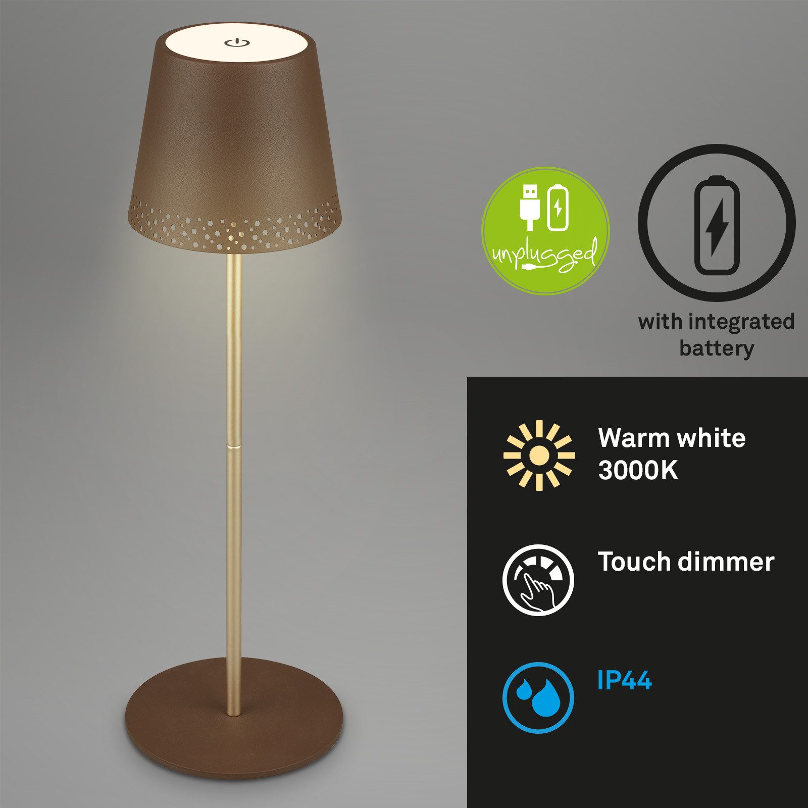 Briloner Leuchten Tischleuchte kabellose LED Tischlampe dimmbar Indoor/Outdoor, LED fest integriert, mit Akku, höhenverstellbar, USB-C, warmweiß, IP44, 38 cm