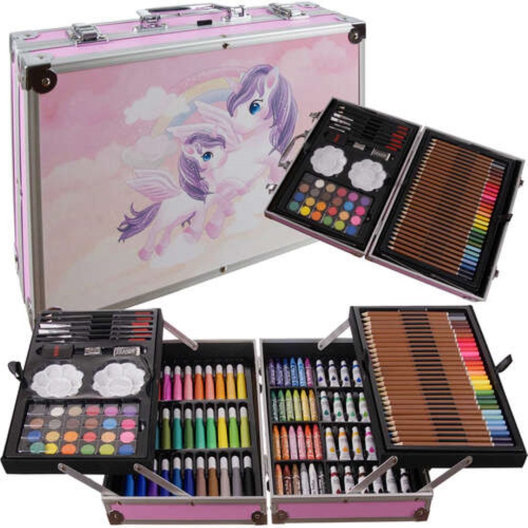 MAALEO Malpalette XXL 144-teiliges Einhorn-Malset im Koffer ideal für kreative Köpfe., 144-teiliges Kunstset im Einhorn-Koffer für kreativen Malspaß.