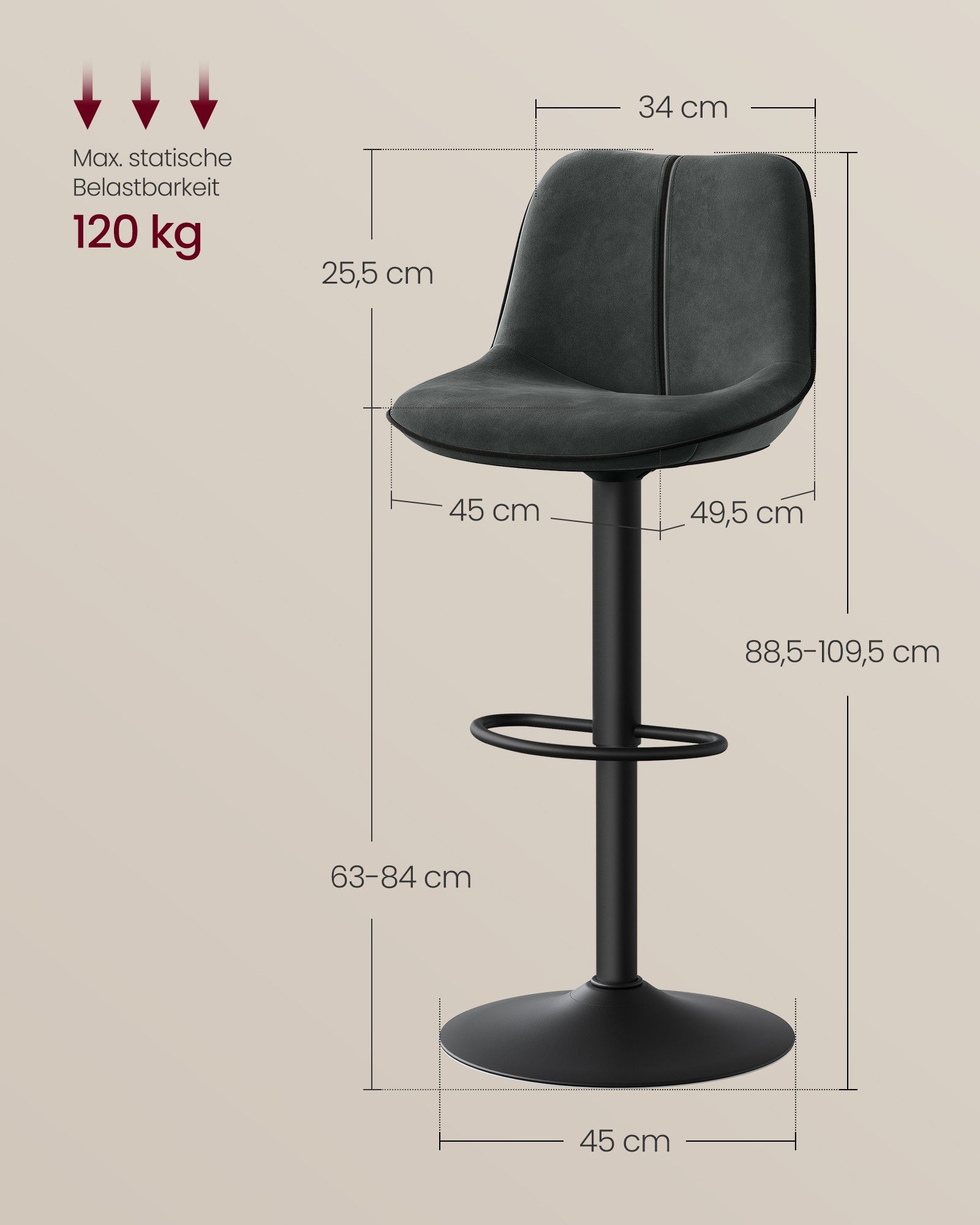 VASAGLE Barhocker Barstühle (2er), 2 Barhocker, 2 Barstühle, höhenverstellbar, drehbar
