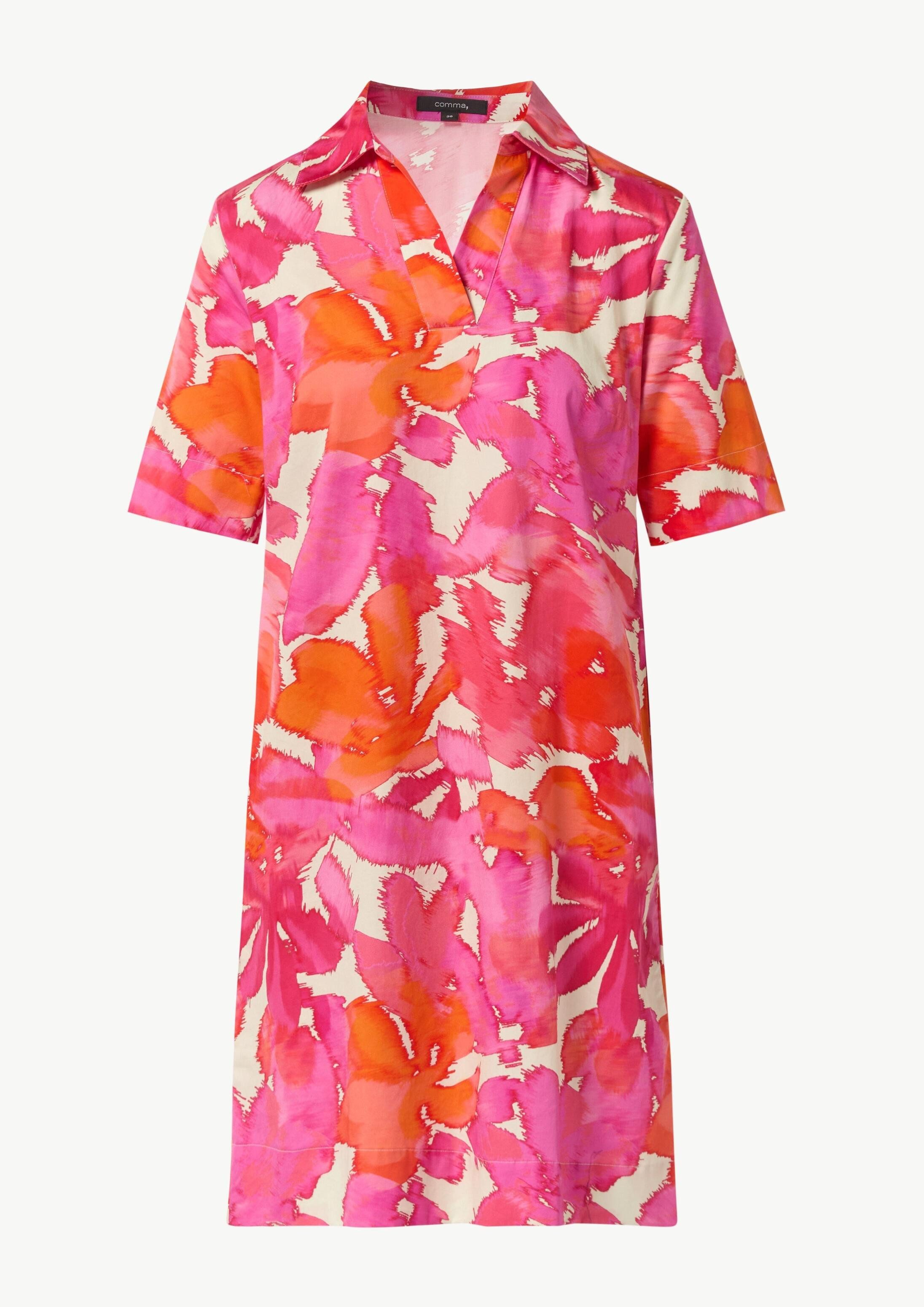 comma Minikleid Kleid Baumwoll-Kleid mit Hemdkragen und All-over-Print