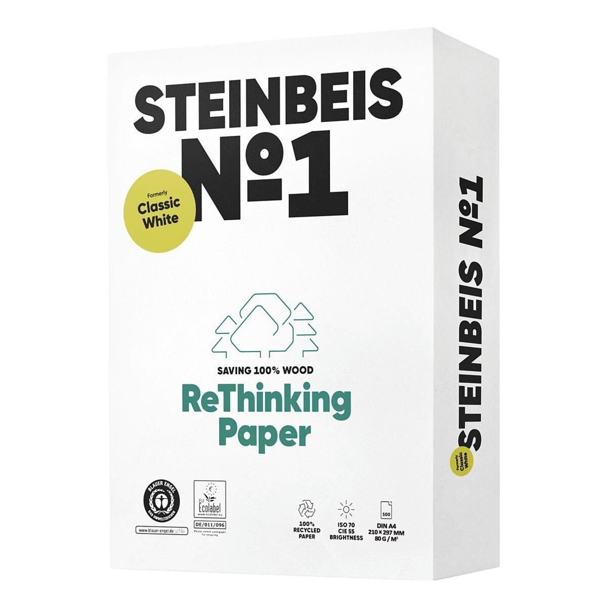 STEINBEIS Recyclingpapier Classic White, 500 70 g/m², 80 DIN A4, Format CIE, Blatt