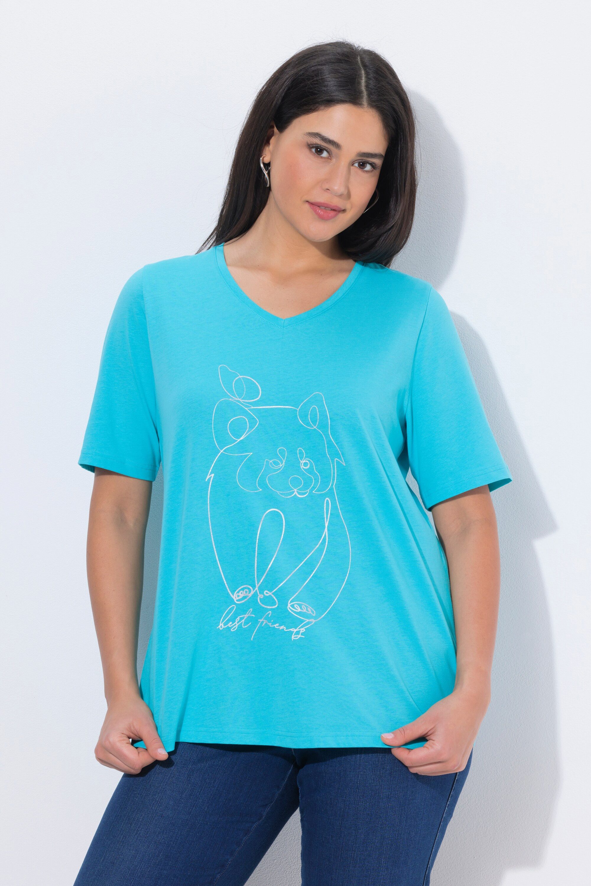 Ulla Popken T-Shirt T-Shirt Tiermotiv Classic V-Ausschnitt Halbarm