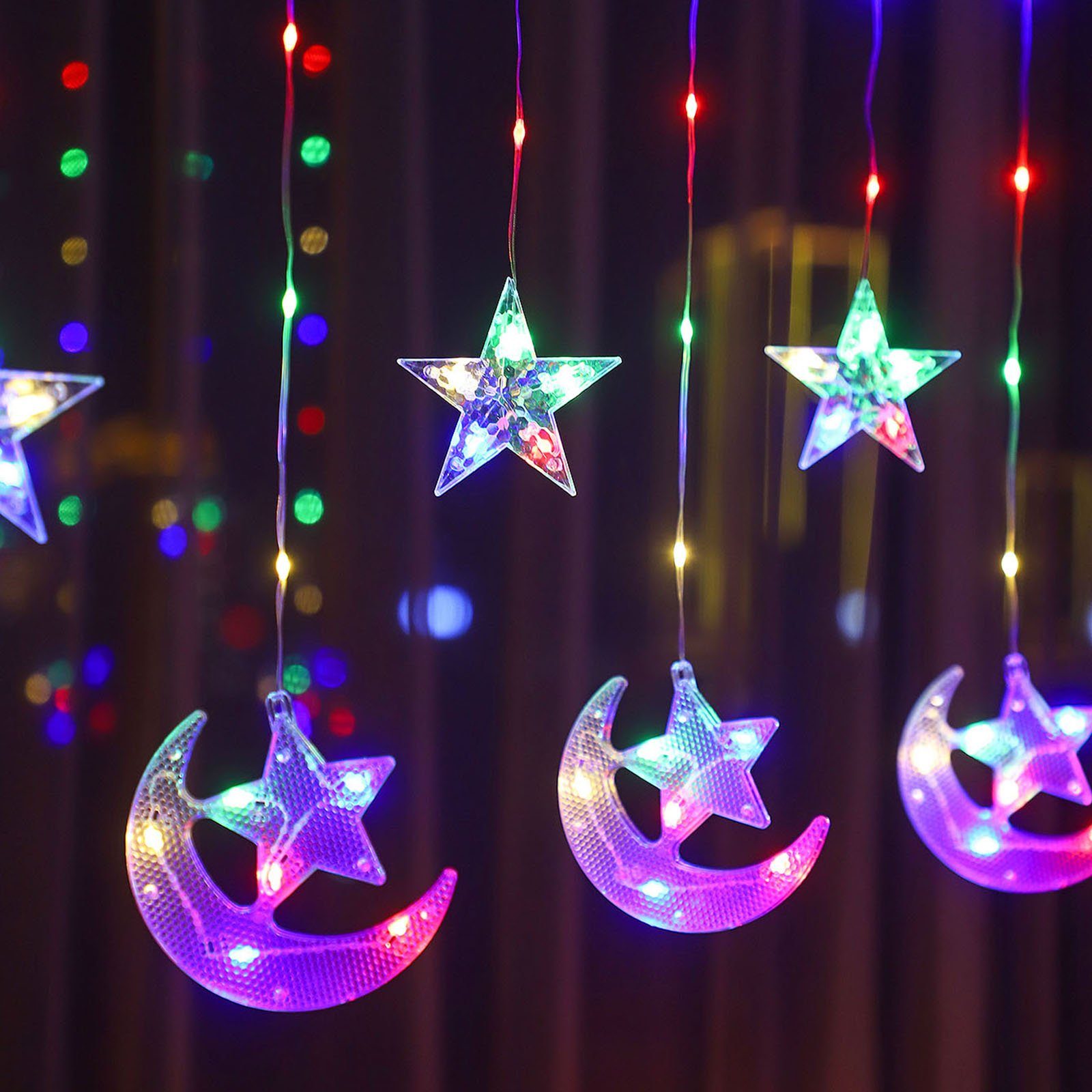 Rosnek LED-Lichtervorhang 2.3M, Mond mit Zelt für Party Ramadan batterie, Camping Stern, Weihnachten, Schlafzimmer Multicolor