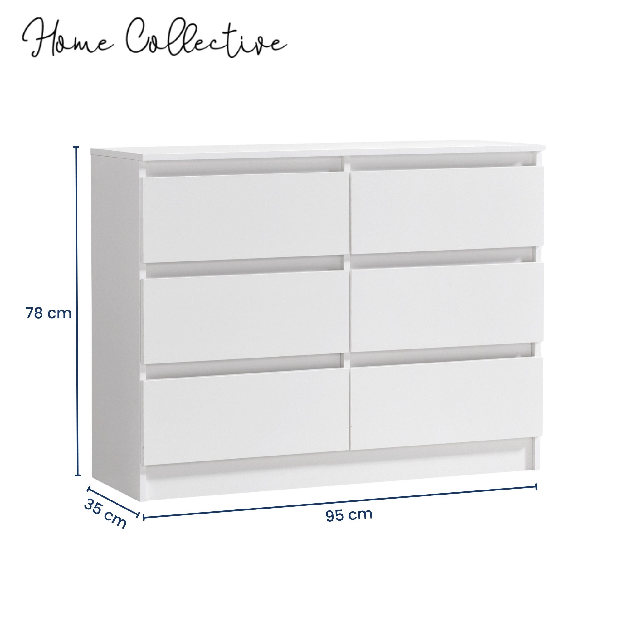 Home Collective Kommode mit 6 Schubladen 95, 120, 140 cm breit Holz Schrank (Highboard Anrichte Schlafzimmer Wohnzimmer Flur Büro Organizer), Kommode 95 cm breit Kommode Sideboard, Weiß