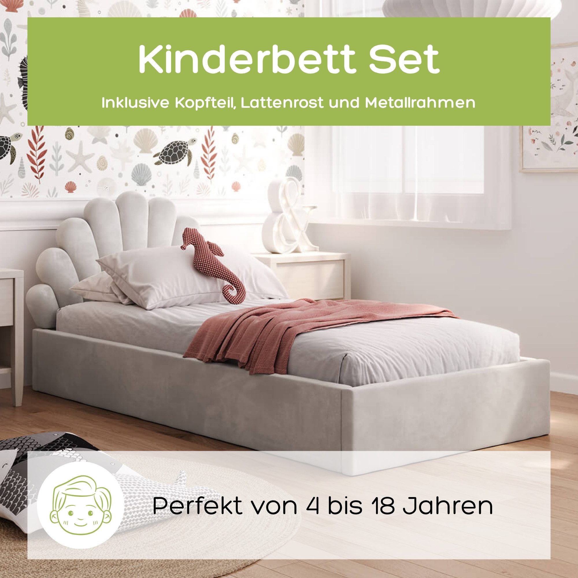 Kids Collective Kinderbett Polsterbett Stauraumbett 90x200 cm Kinder Bett Jugendbett, Mit Samtbezug Lattenrost & Metallrahmen, 90x200cm, Grau