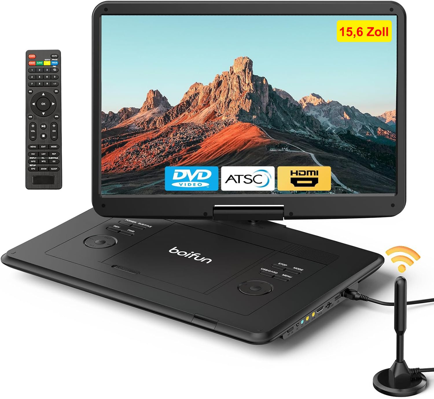 Boifun 15,6 Zoll Tragbarer Fernseher mit Integriertem DVD-Player Portabler DVD-Player (1366 × 768, Digitalem DVB-T2-Tuner Akku HDMI-Eingang FM-Radio)