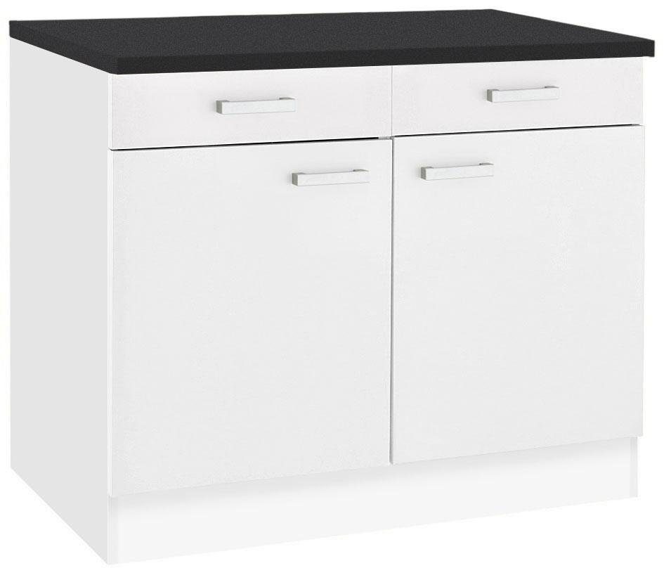 OPTIFIT Unterschrank Odense 100 cm breit, mit 2 Türen und 2 Schubkästen, mit 28 mm Arbeitsplatte weiß/weiß | weiß