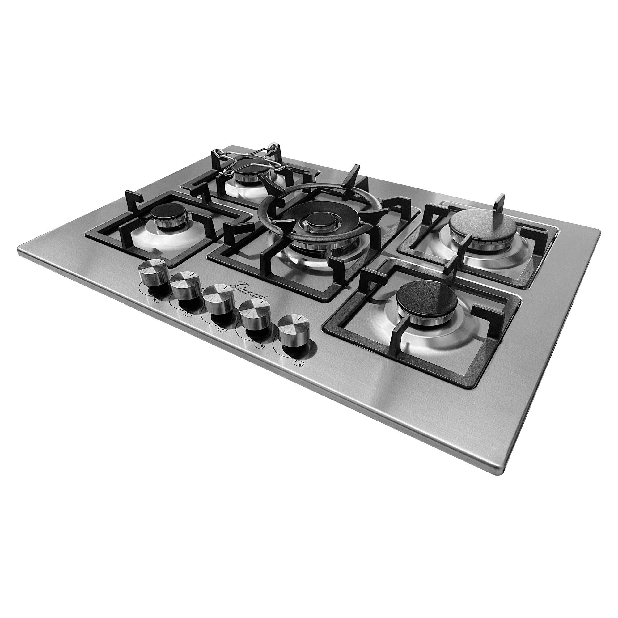 GURARI Gas-Kochfeld GCH FQ755VTGC 75 cm, Edelstahl, 4,0 KW WOK, 5 Gasbrenner,Erdgas, FL.Gas
